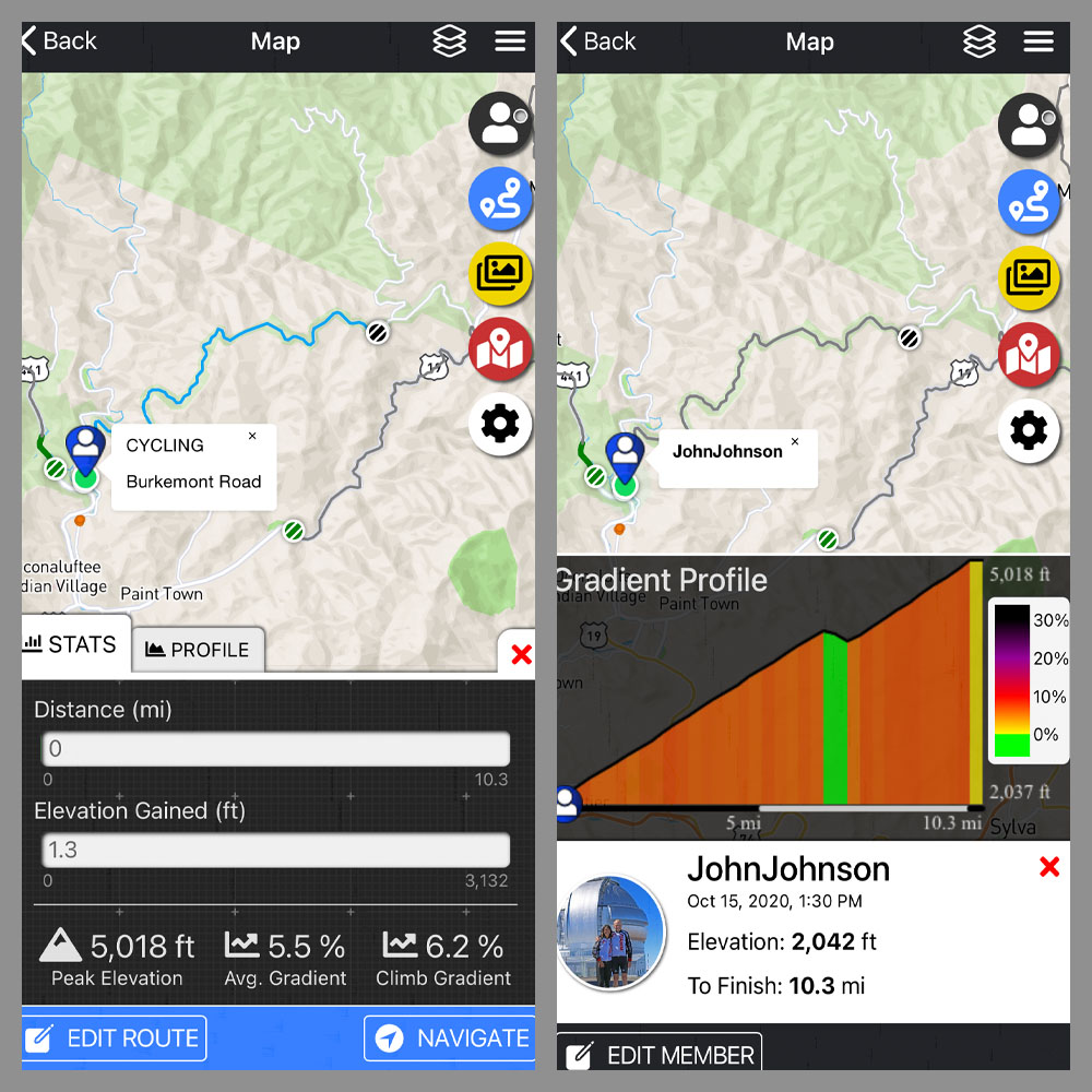 Cycling Blue Ridge Parkway -- Cherokee Hill - PJAMM Adventure app shows climb grade and profile from climb start