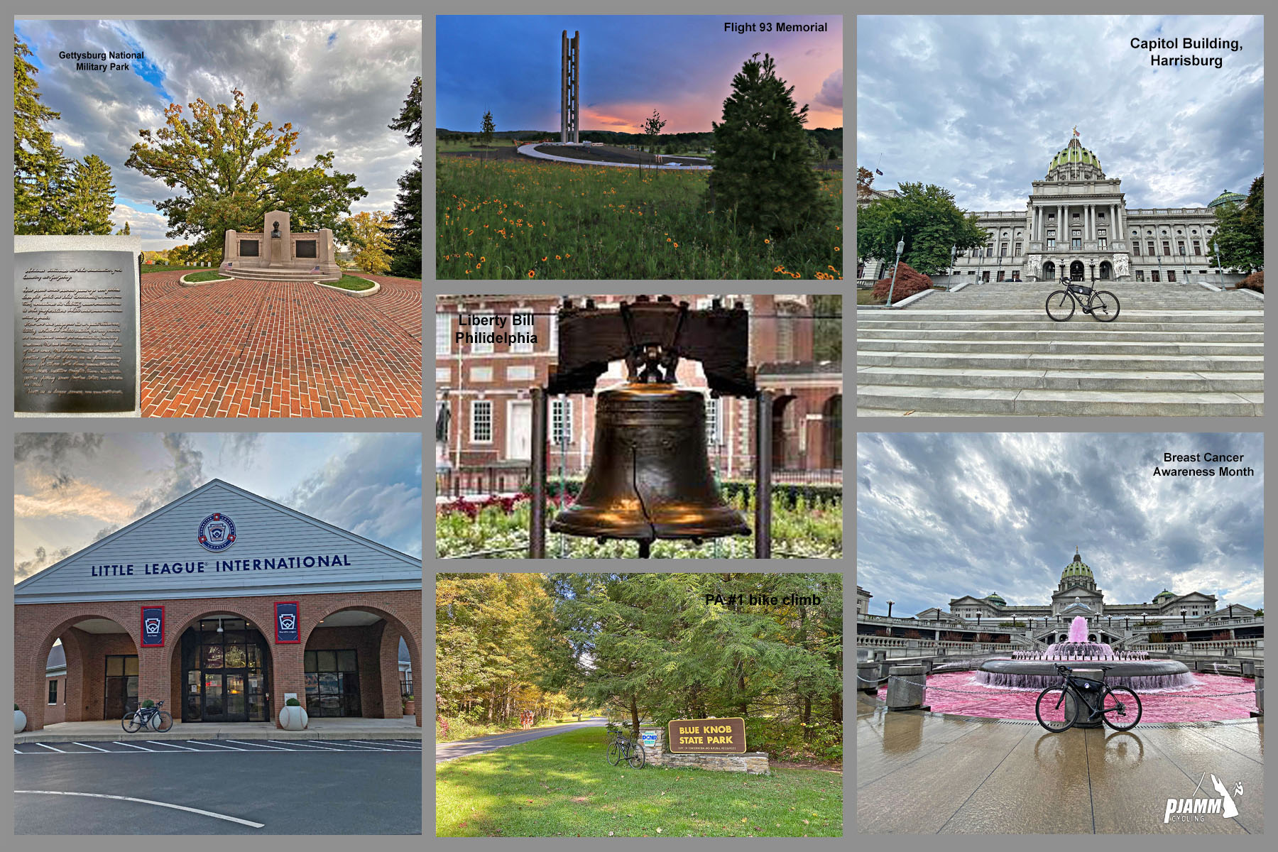 Pennsylvania Top Bike Climbs - photo collage, Little League International, the Liberty Bell, Gettysburg National Military Park, Blue Knob State Park, Flight 93 Memorial, Capitol Building Harrisburg, PJAMM Cycling logo