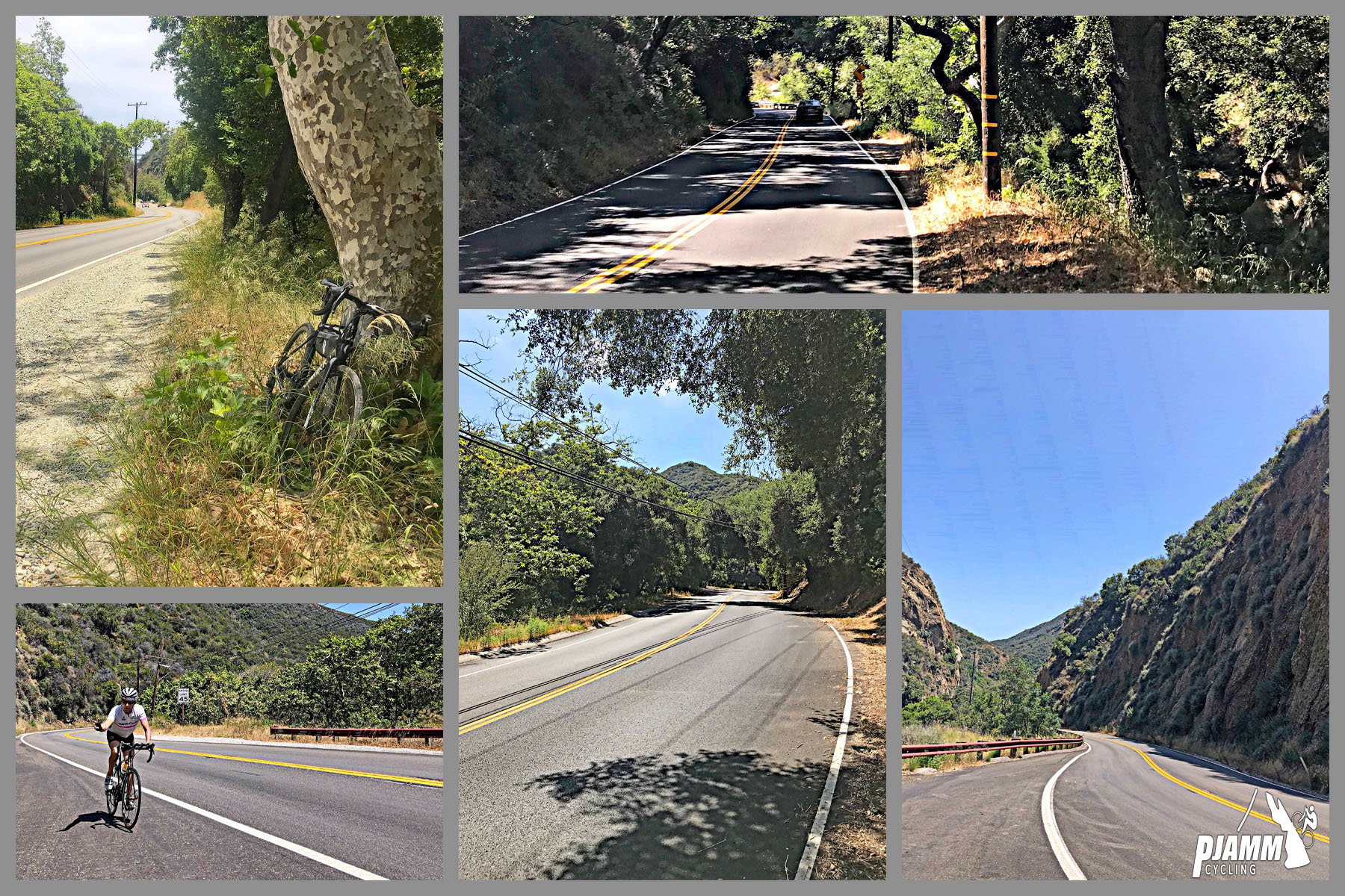 Cycling Topanga Canyon Boulevard to Stunt Road - views along first segment of climb, cyclist riding on climb shoulder