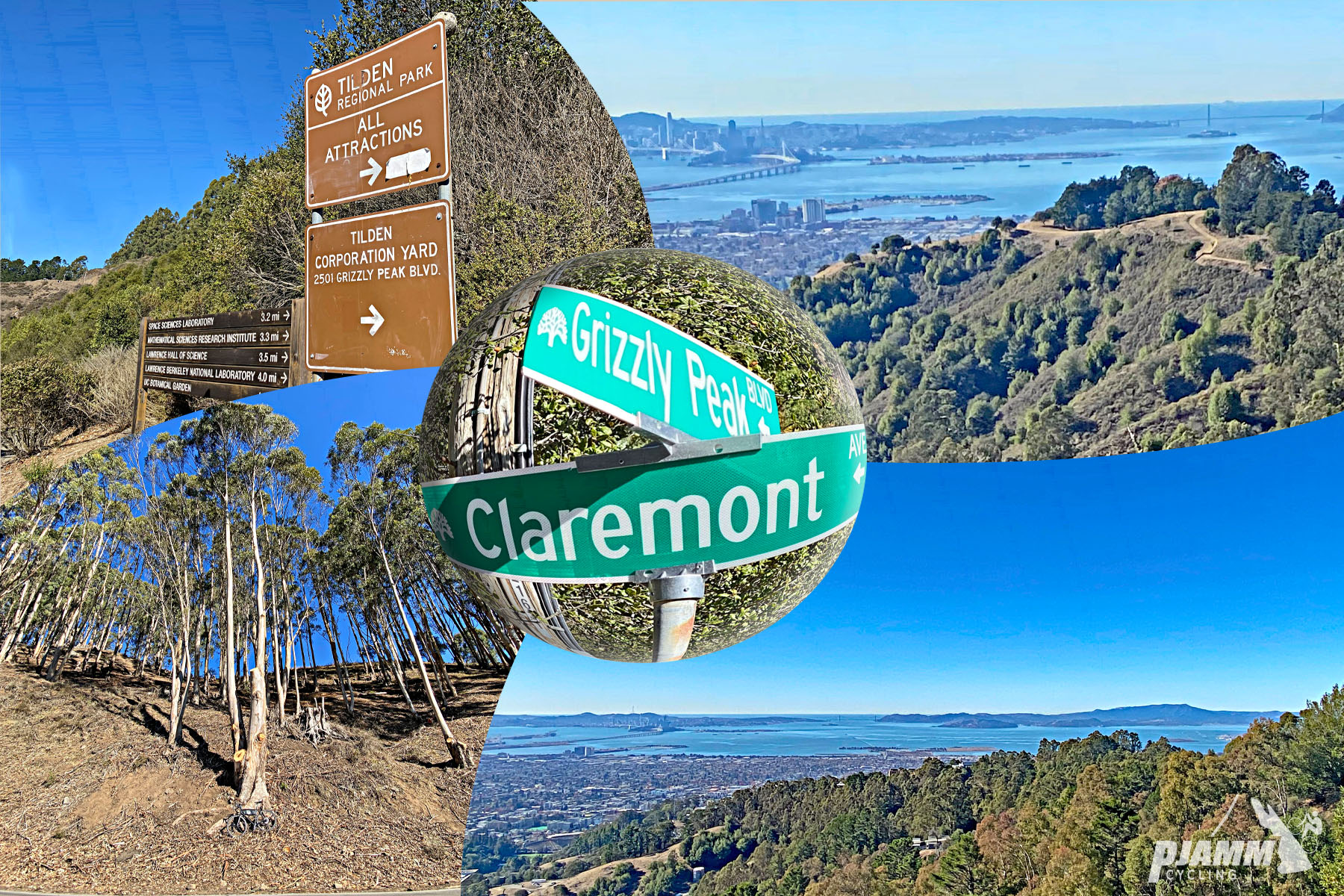 Cycling to Grizzly Peak from Claremont, California - photo collage, intersection of Grizzly Peak and Claremont, Australian Eucalyptus trees, sign for Tilden Regional Park, bay area views, PJAMM Cycling logo in corner