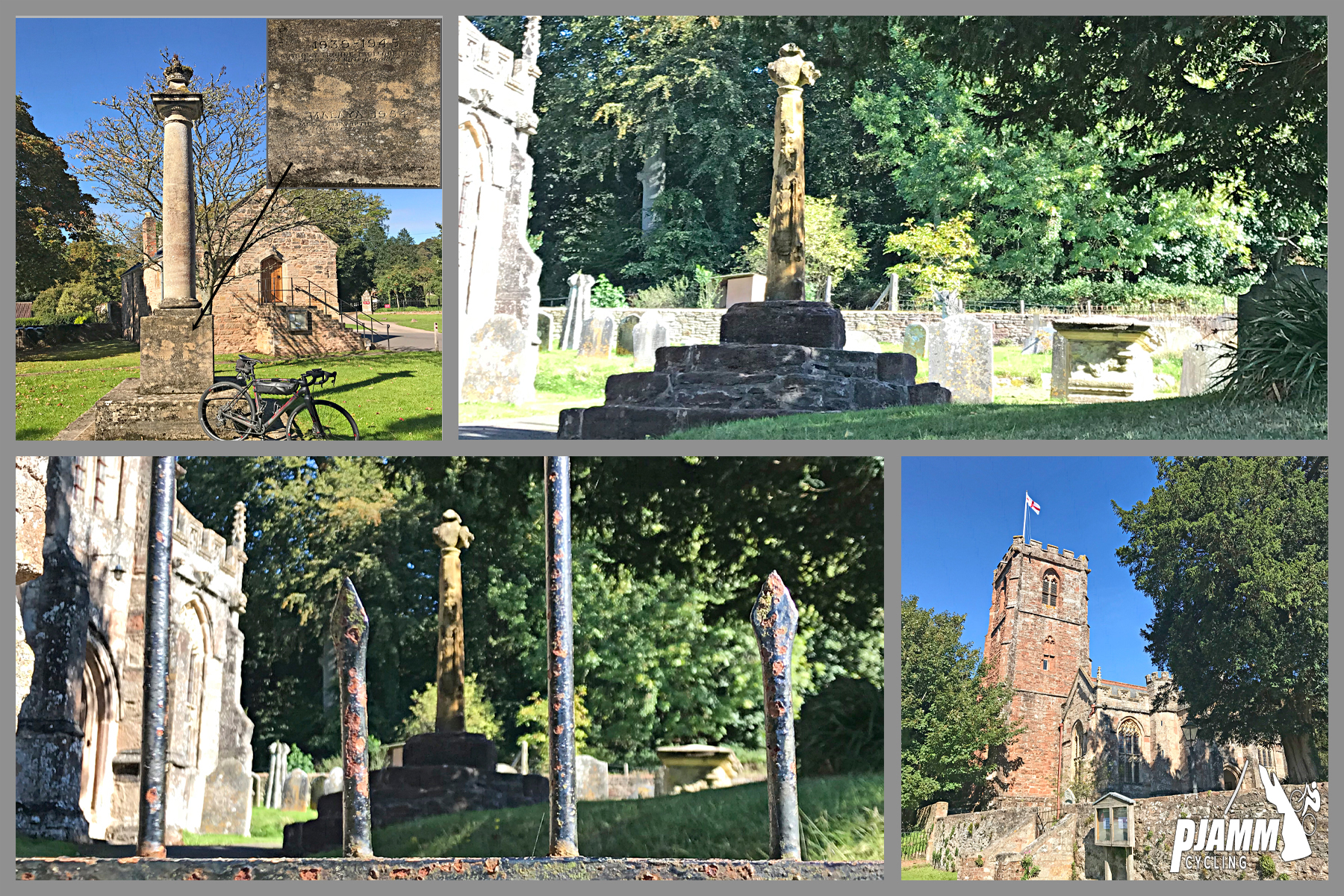 Climbing Crowcombe Comb, Somerset - Church of the Holy Ghost, PJAMM Cycling logo in corner