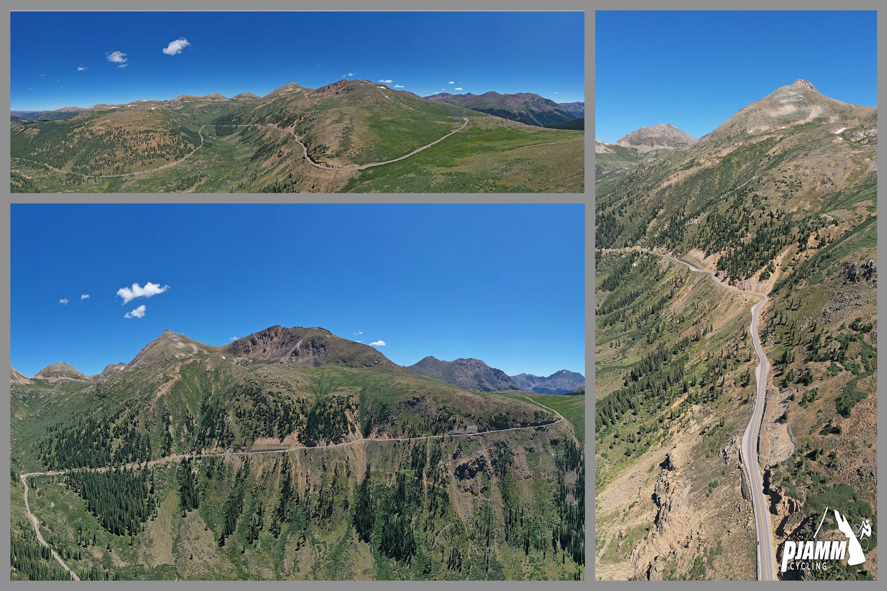 Cycling Independence Pass from Aspen, Colorado - photo collage, PJAMM Cycling logo in corner, aerial drone views of mountainside sheer cliff with roadway carved into it