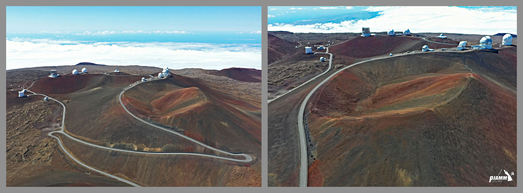 aerial drone view shows two giant hairpin turns at climb's finish; Mauna Kea observatory seen at climb's summit