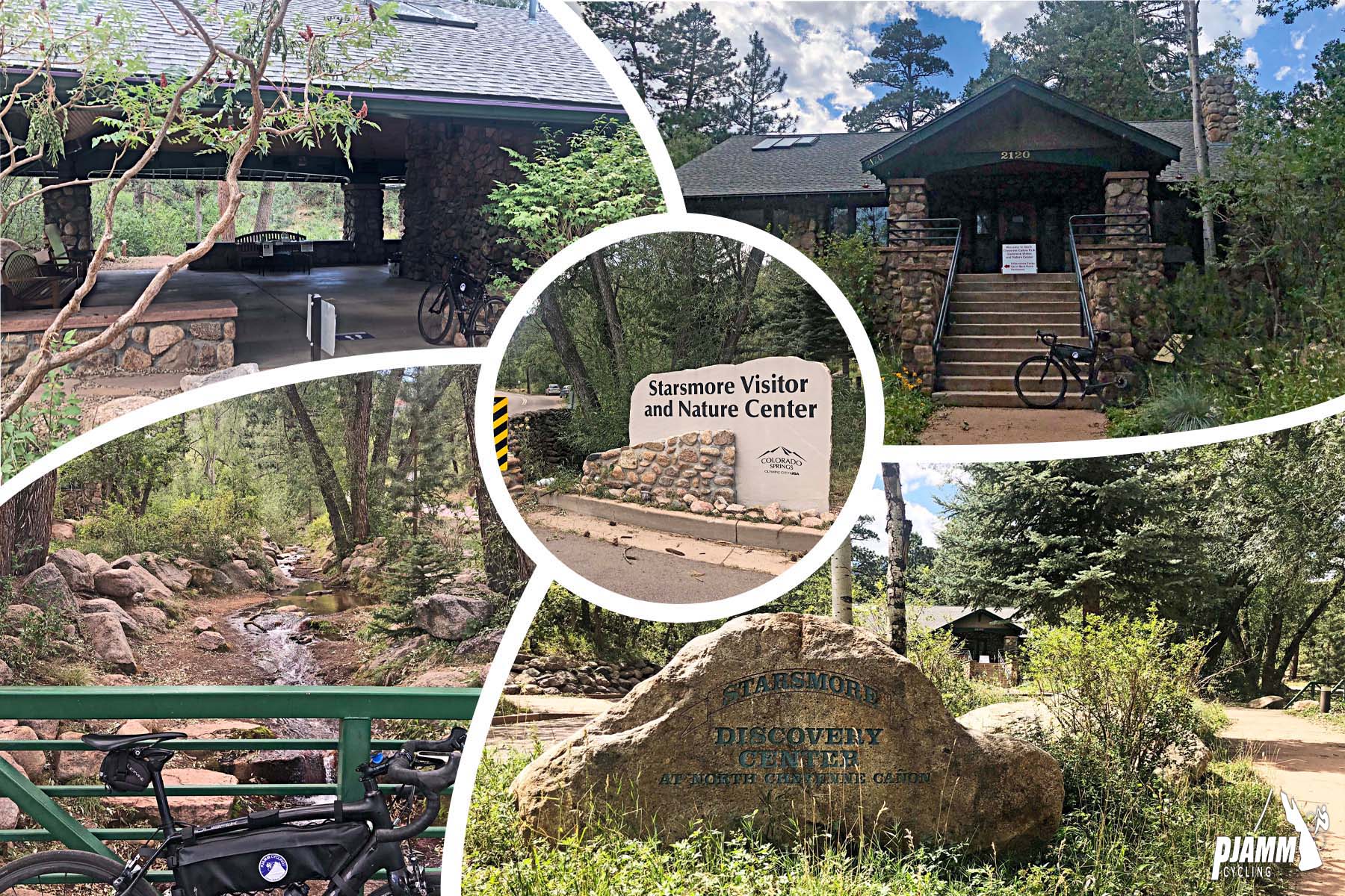 Cycling North Cheyenne Cañon, Colorado Springs - photo collage, PJAMM Cycling logo in corner, stone sign for Starsmore Visitor and Nature Center, bike parked at visitor center entrance, bike parked against green fence overlooking creekbed, stone sign for Starsmore Discovery Center