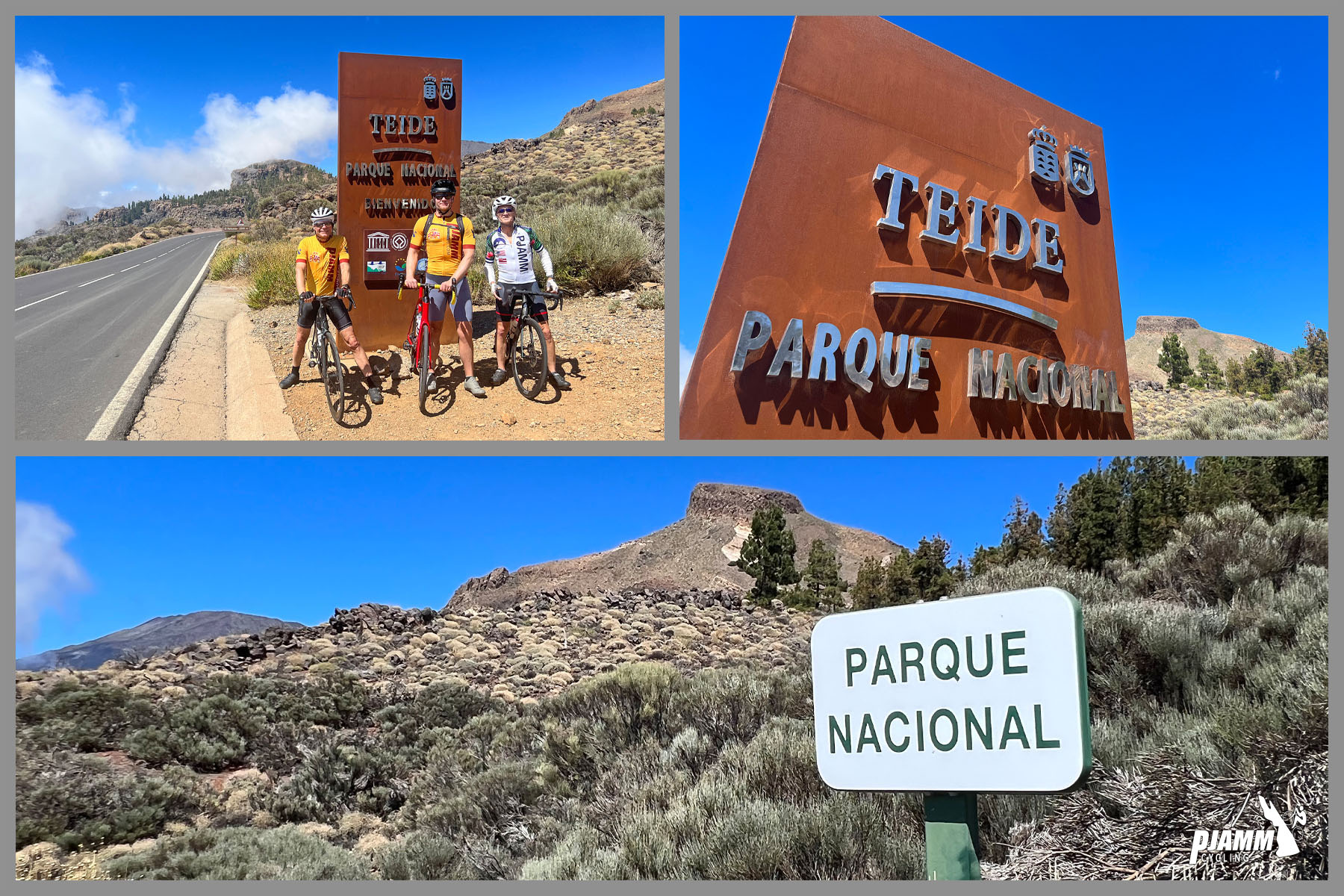 Cycling Mount Teide El Medano, Spain PJAMM Cyclists stand with bikes in front of sign for Teide Parque Nacional