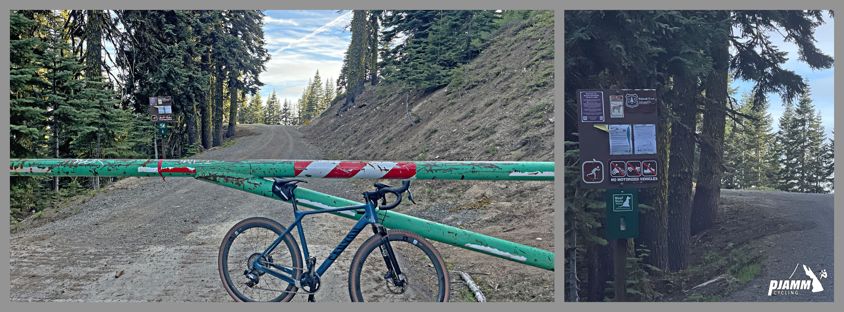 Cycling Mt. Ashland, Oregon via Loop Road: bike parked in front of green gate, closing gravel roadway off to vehicle traffic at ski resort parking lot
