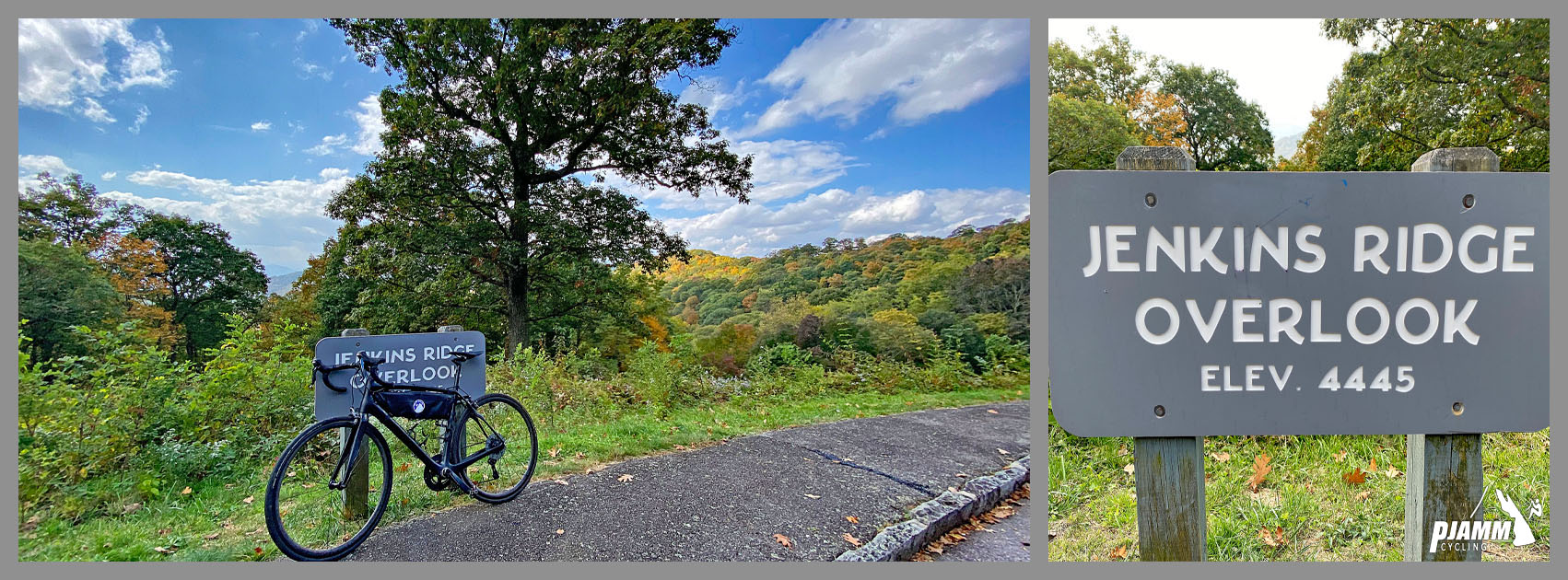 Cycling Blue Ridge Parkway -- Cherokee Hill - bike parked on pathway against BRP scenic overlook sign reading "Jenkins Ridge Overlook"