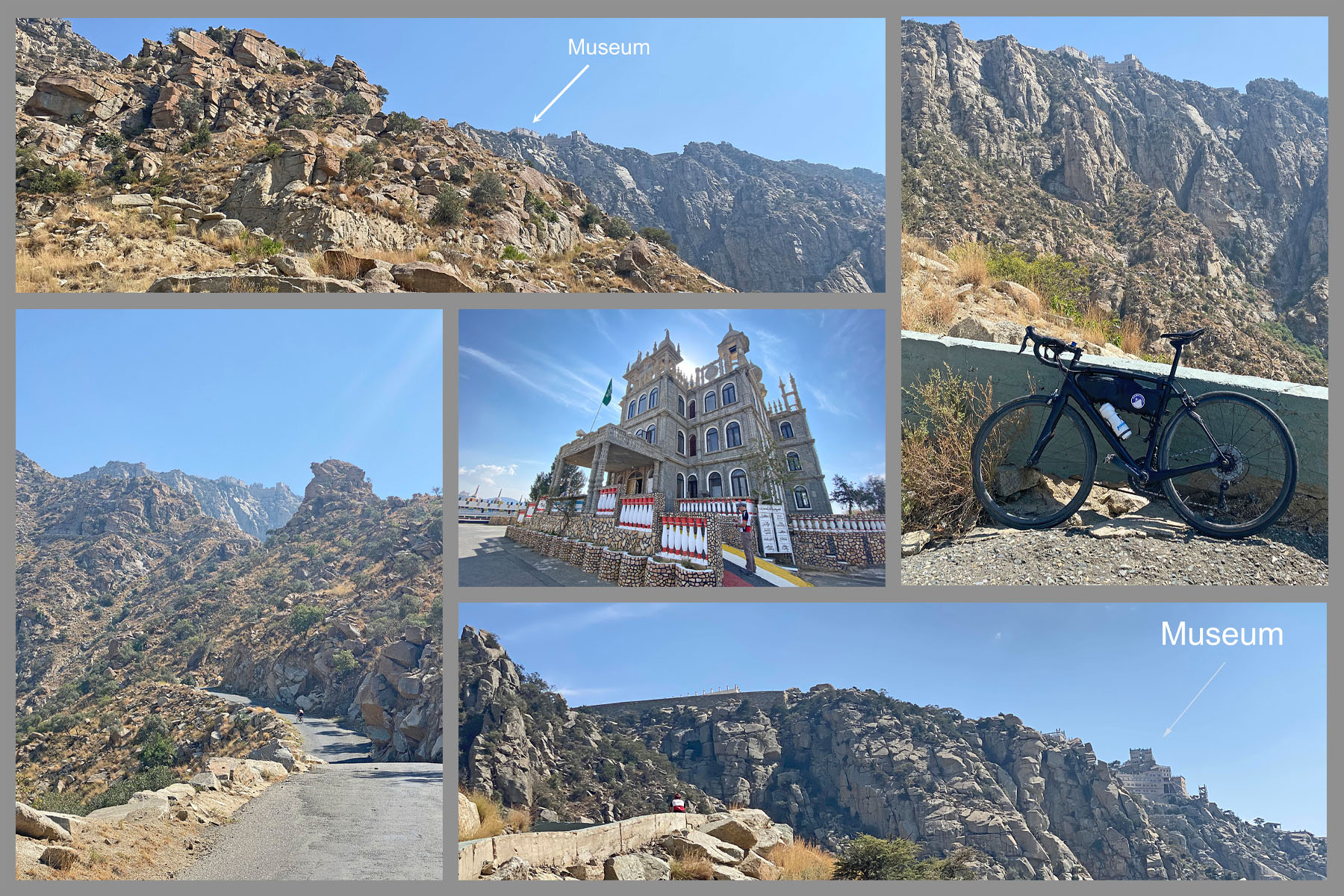 Cycling Sinan Road (Al Meger), Saudi Arabia - photo collage shows museum at the top of the climb