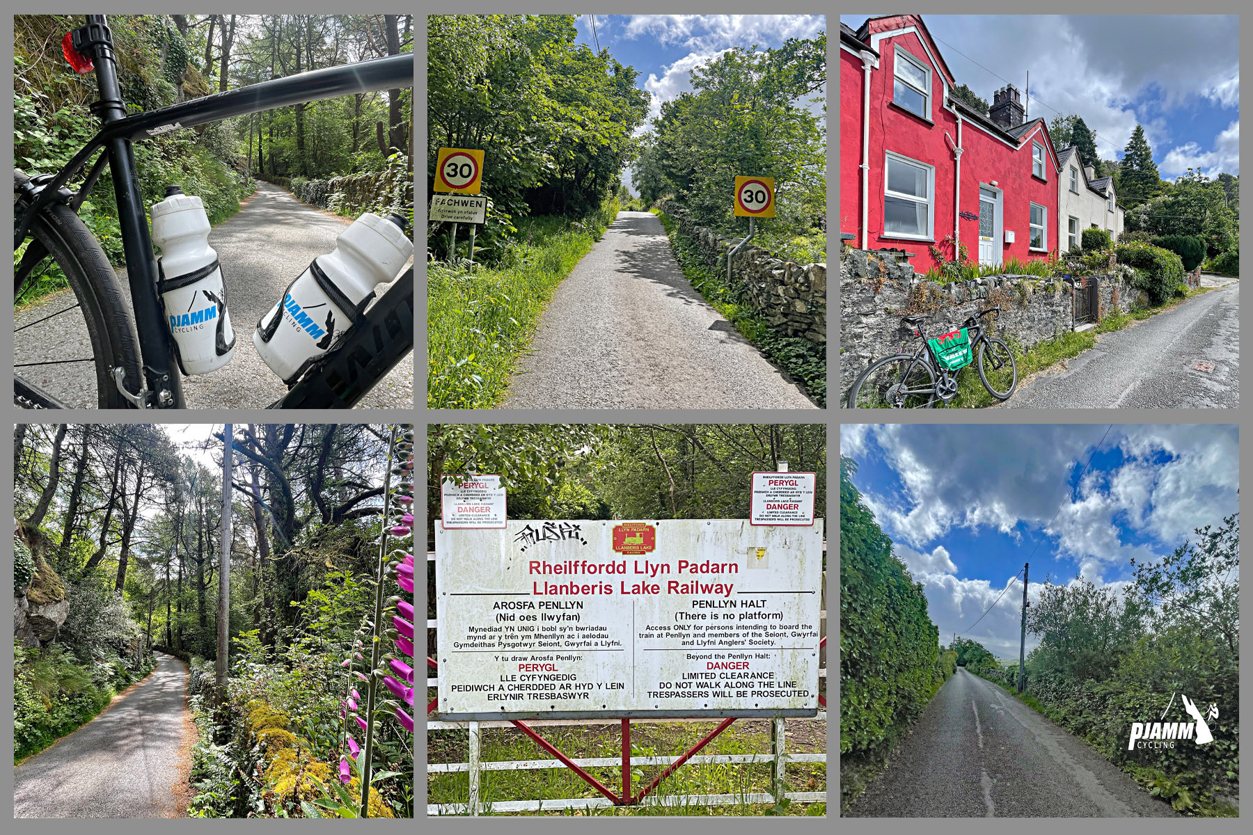 views along the climb, including foxgloves, greenery-lined roadways, red buildings in town, sign for Rheilffordd Llyn Padarn Llanberis Lake Railway