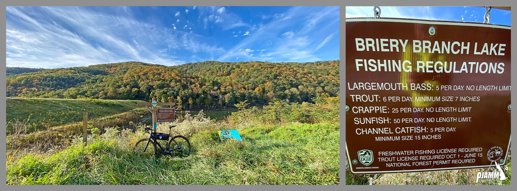 Cycling Reddish Knob, Virginia - bike parked in grassy area overlooking hillsides covered in fall foliage, sign for Briery Branch Reservoir