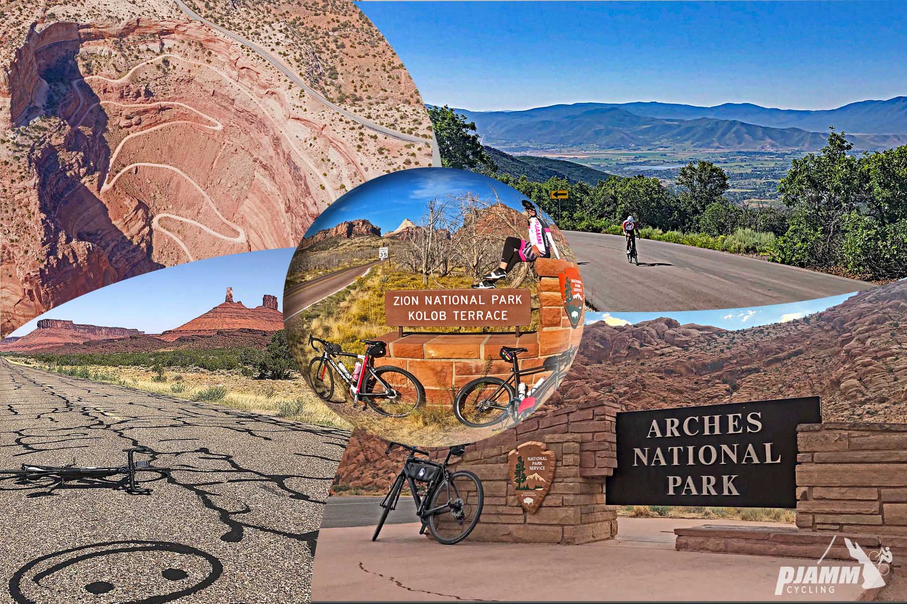 Cycling the most epic bike climbs in Utah - photo collage, PJAMM Cycling logo in the corner, signs for Arches and Zion national Parks, aerial views of road snaking up a canyonside, cyclist climbing on roadway