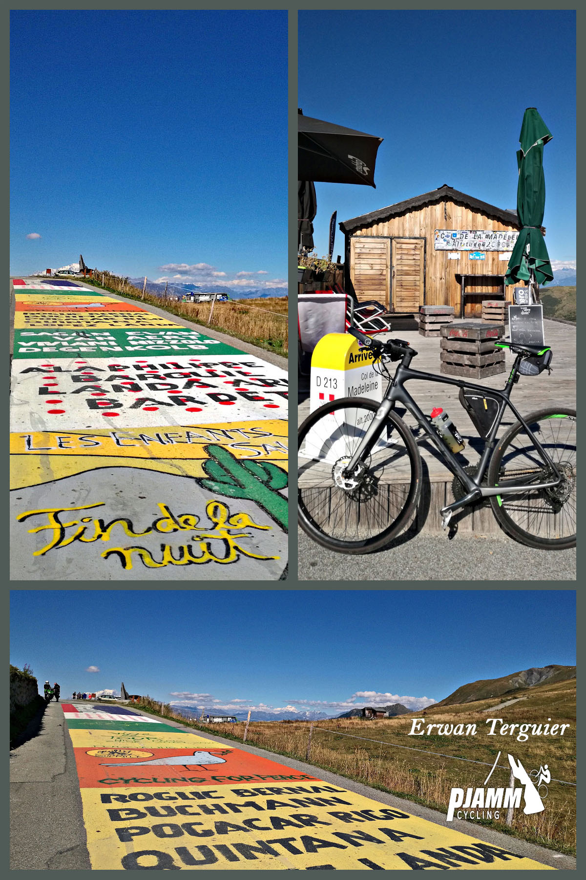 colorfully painted roadway at the top of the Col de Madeleine climb