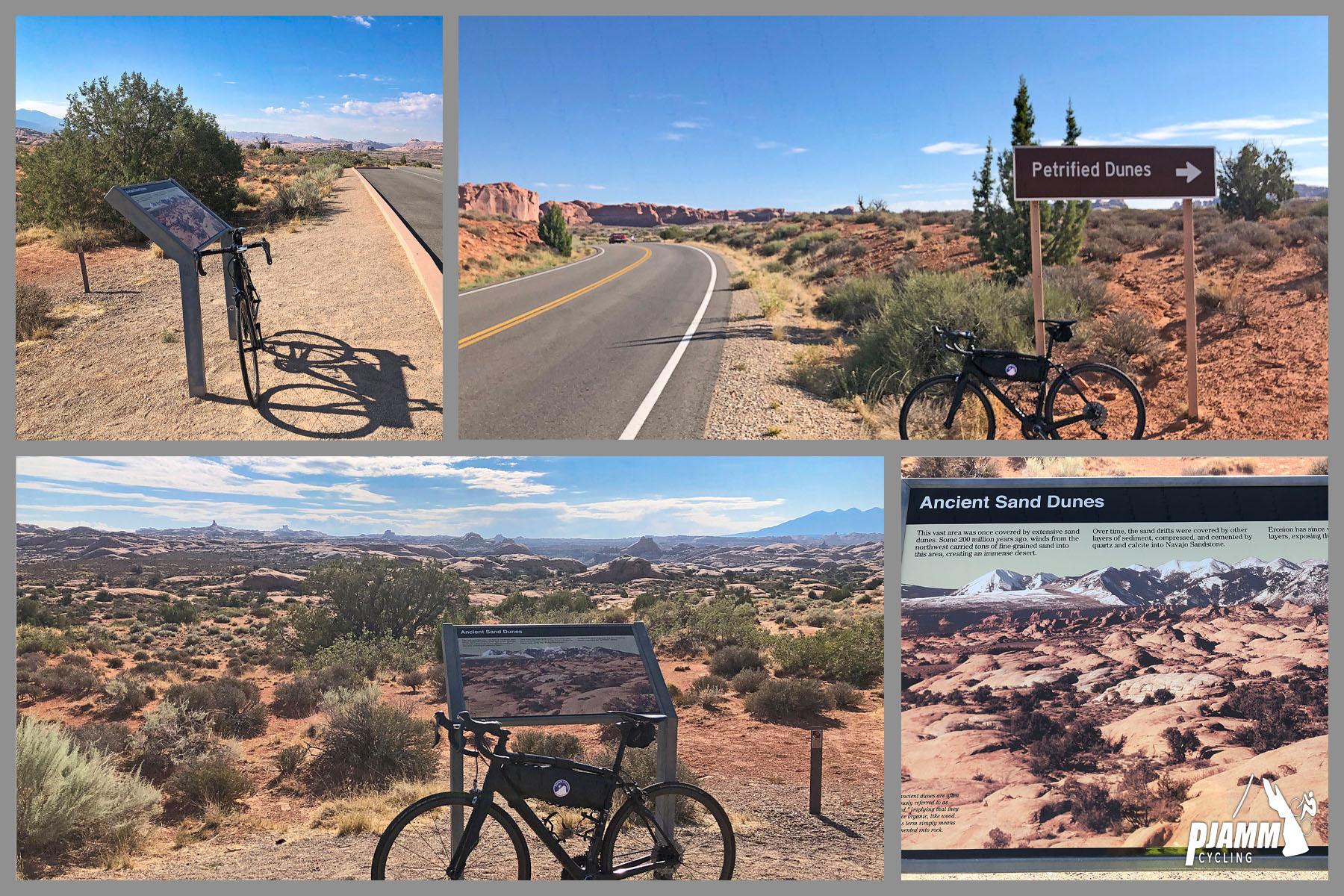 Cycling Arches National Park, Utah - photo collage, PJAMM Cycling logo in corner, bike parked along roadway and against various signs near Petrified Dunes