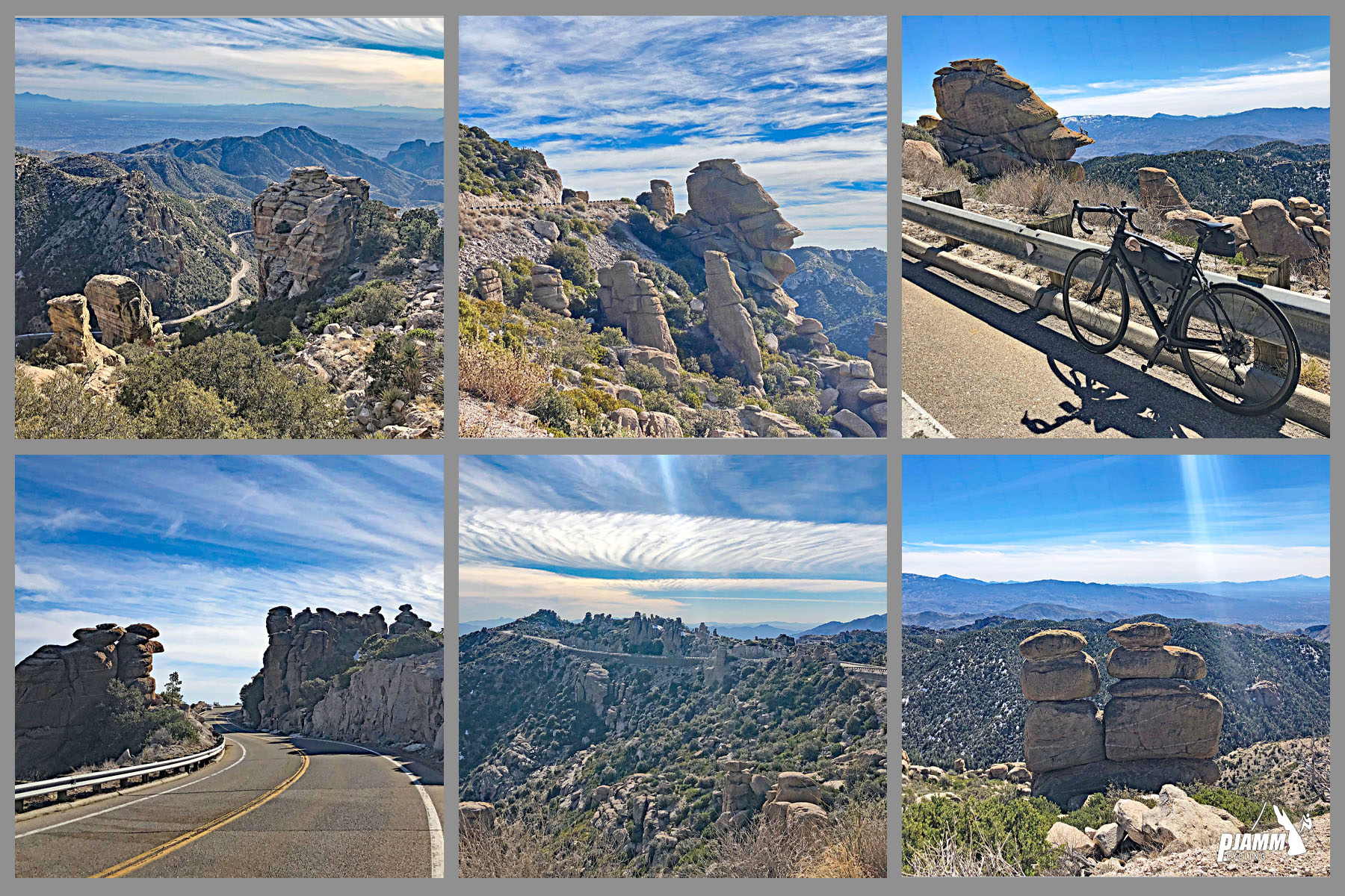 Cycling Mt. Lemmon, Arizona - photo collage, hoodoos, rock formations, bike parked against guardrail on side of highway looking out over rock formations, high desert landscape, PJAMM Cycling logo in corner