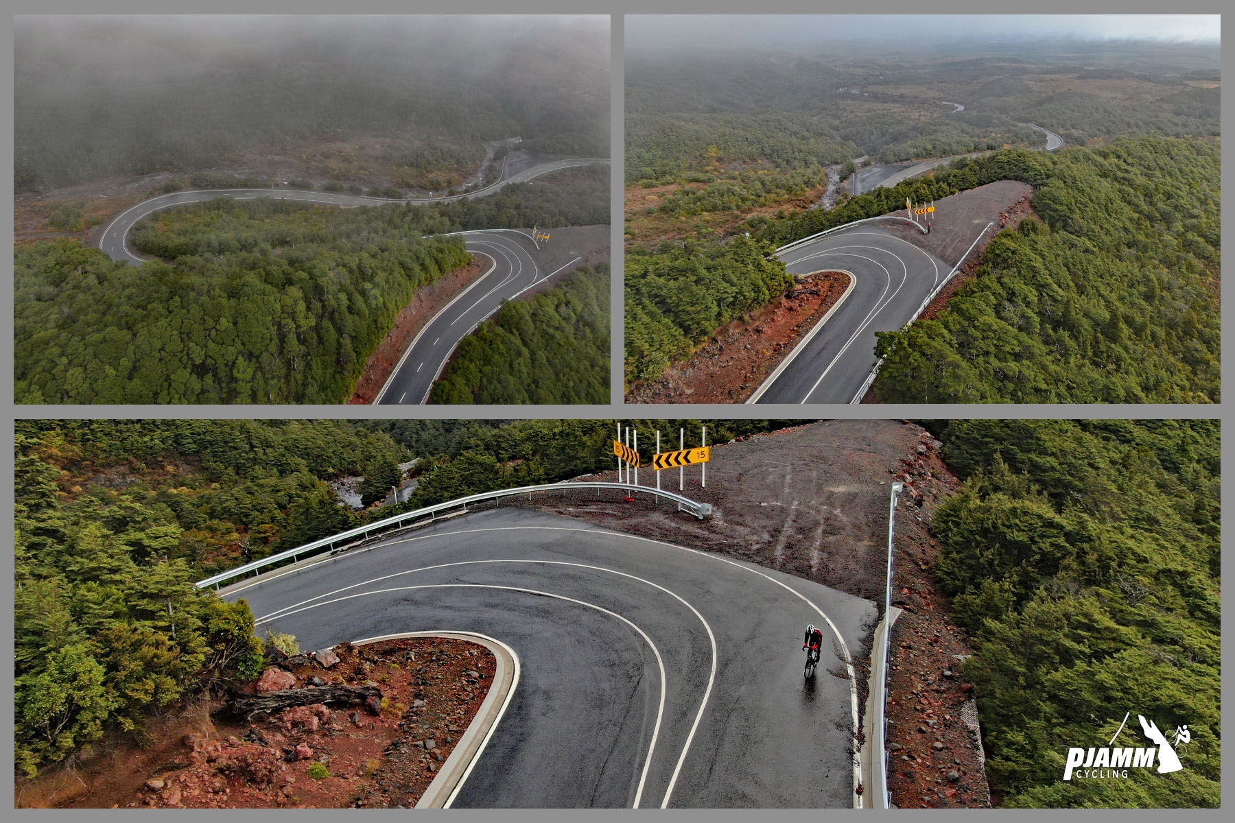 aerial drone view shows hairpin curves on roadway; foggy conditions