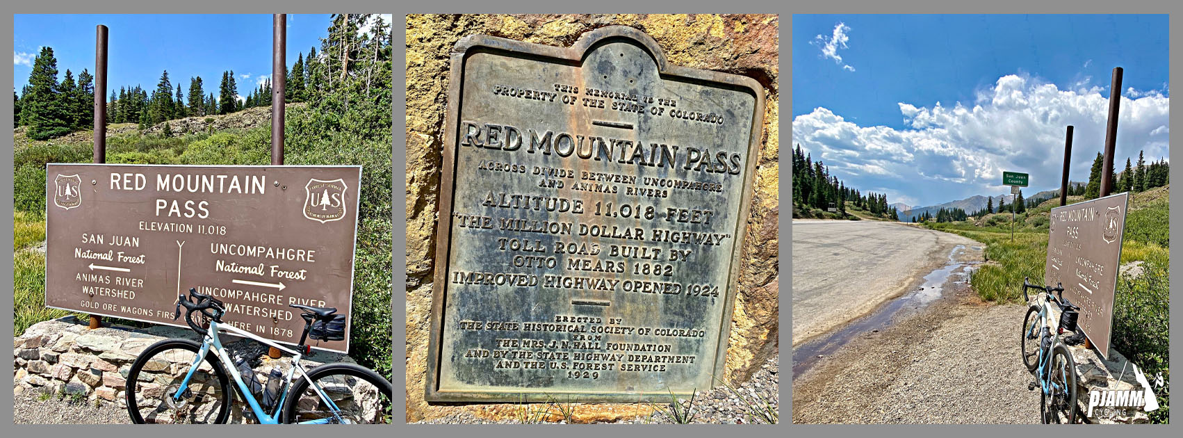Cycling Red Mountain, Ouray, Colorado - photo collage, PJAMM Cycling logo in corner, bike parked next to sign for Red Mountain Pass, old metal cast plaque for Red Mountain Pass 