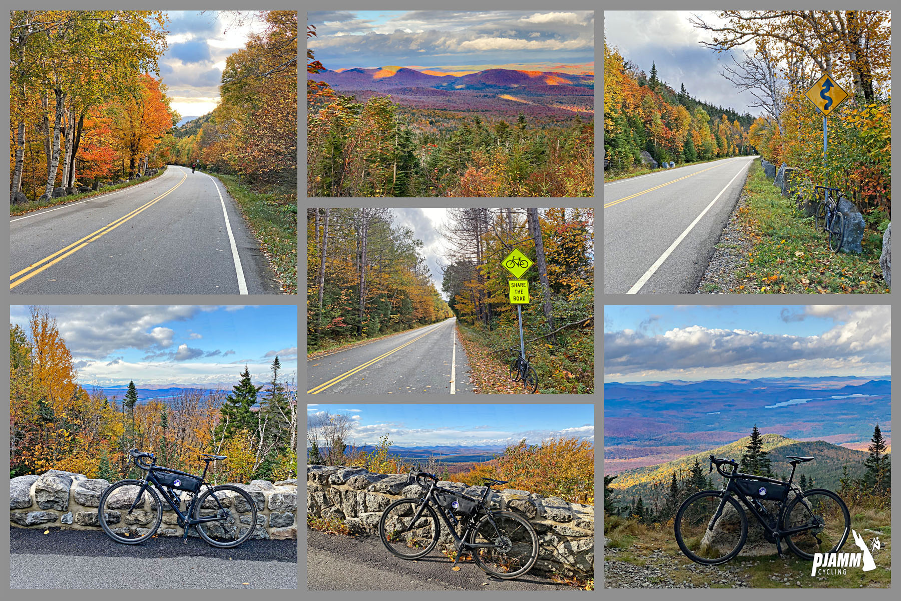 Cycling Whiteface Mountain, New York - photo collage, bright, colorful fall foliage on Whiteface Mountain, PJAMM Cycling logo in corner