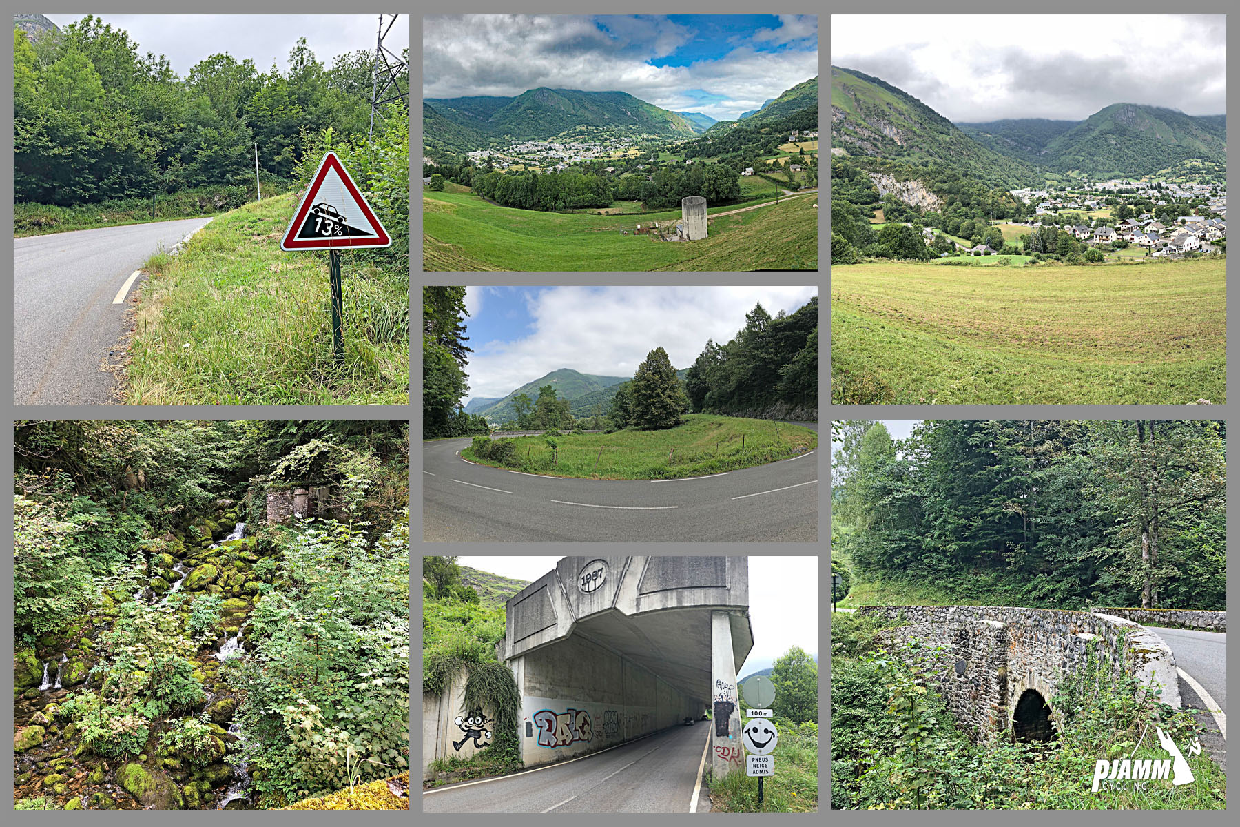 Cycling Col d’Aubisque from Laruns - photo collage; gradient road sign reads 13%; hairpin turns and lush green landscape