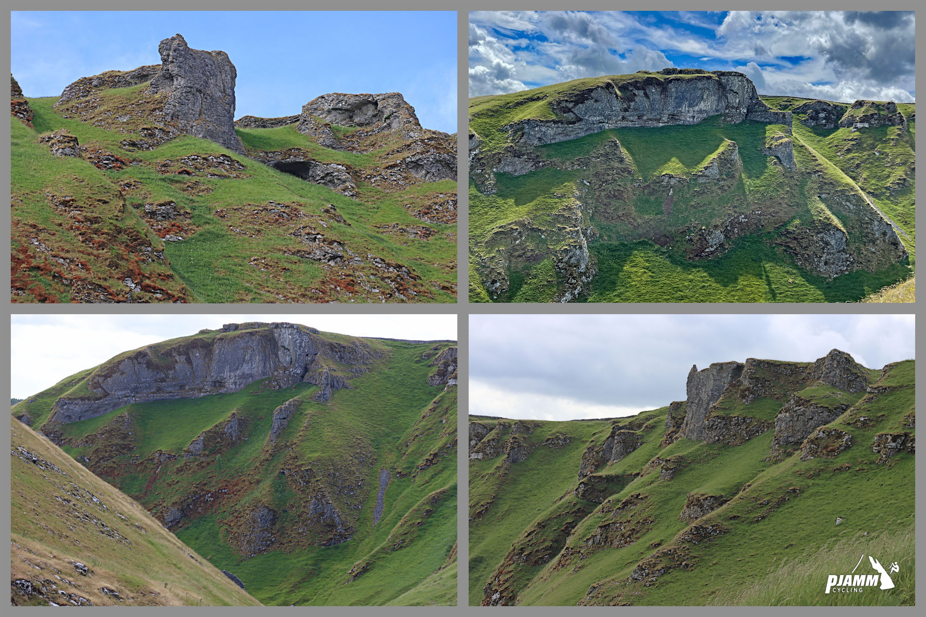 photo collage shows green hills with stellar rock formations along the climb, Winnats Gorge