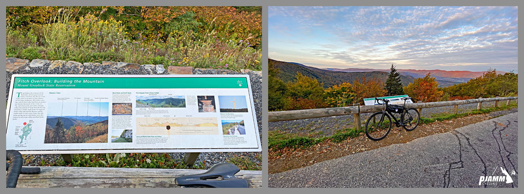 Cycling Mt. Greylock, Massachusetts  - sign and views at an unnamed viewpoint about 6 miles into the Mt. Greylock bike climb, views include expansive views of fall foliage in the hills, PJAMM Cycling logo in corner