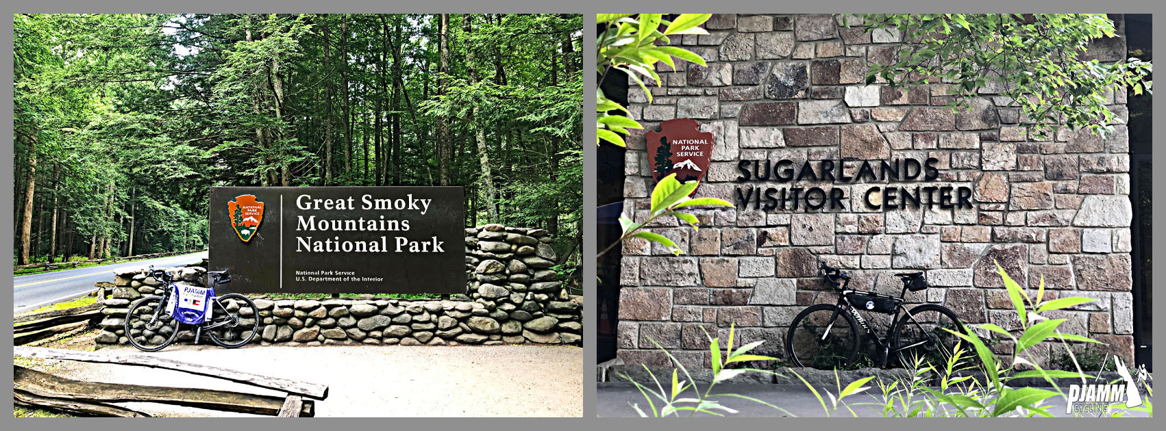 Cycling Clingmans Dome, Tennessee - bike parked in front of NPS sign for Great Smoky Mountains National Park and in front of Sugarlands Visitor Center, PJAMM Cycling logo in corner