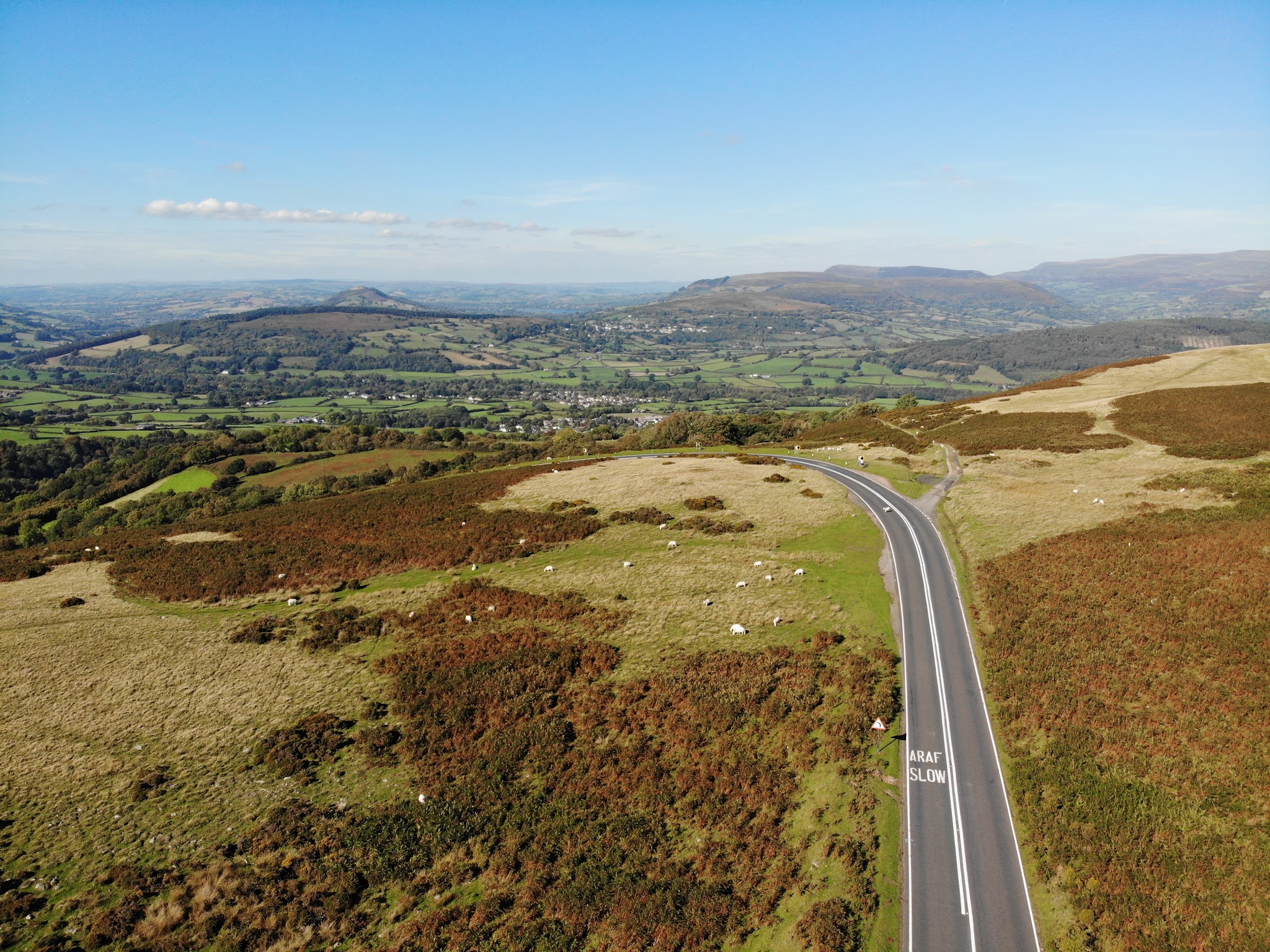 Bike climb Llangynidir Mountains #94 Simon Warren 100 Greatest Cycling Climbs  - aerial drone photo - road and fields