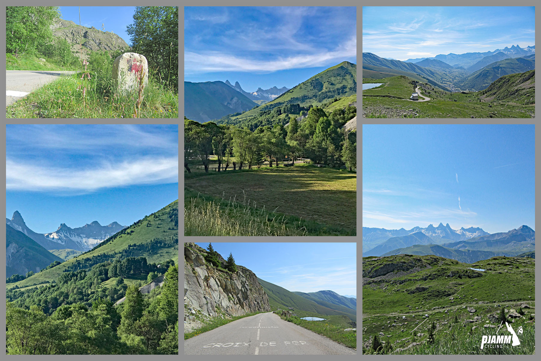 Cycling Col d la Croix de Fer from Saint-Jean-de-Maurienne - photo collage shows stretch of climb between the ski resort and the climb finish; idyllic French mountain scenes; lush green hills, mountain peaks in distance; two-lane roadway