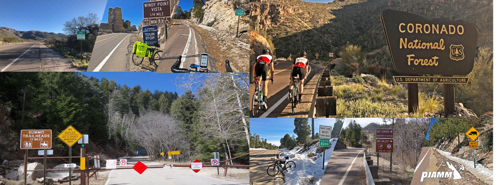Cycling Mt. Lemmon, Arizona - road signs along the climb, including NPS sign for Coronado National Forest, PJAMM Cycling logo in corner