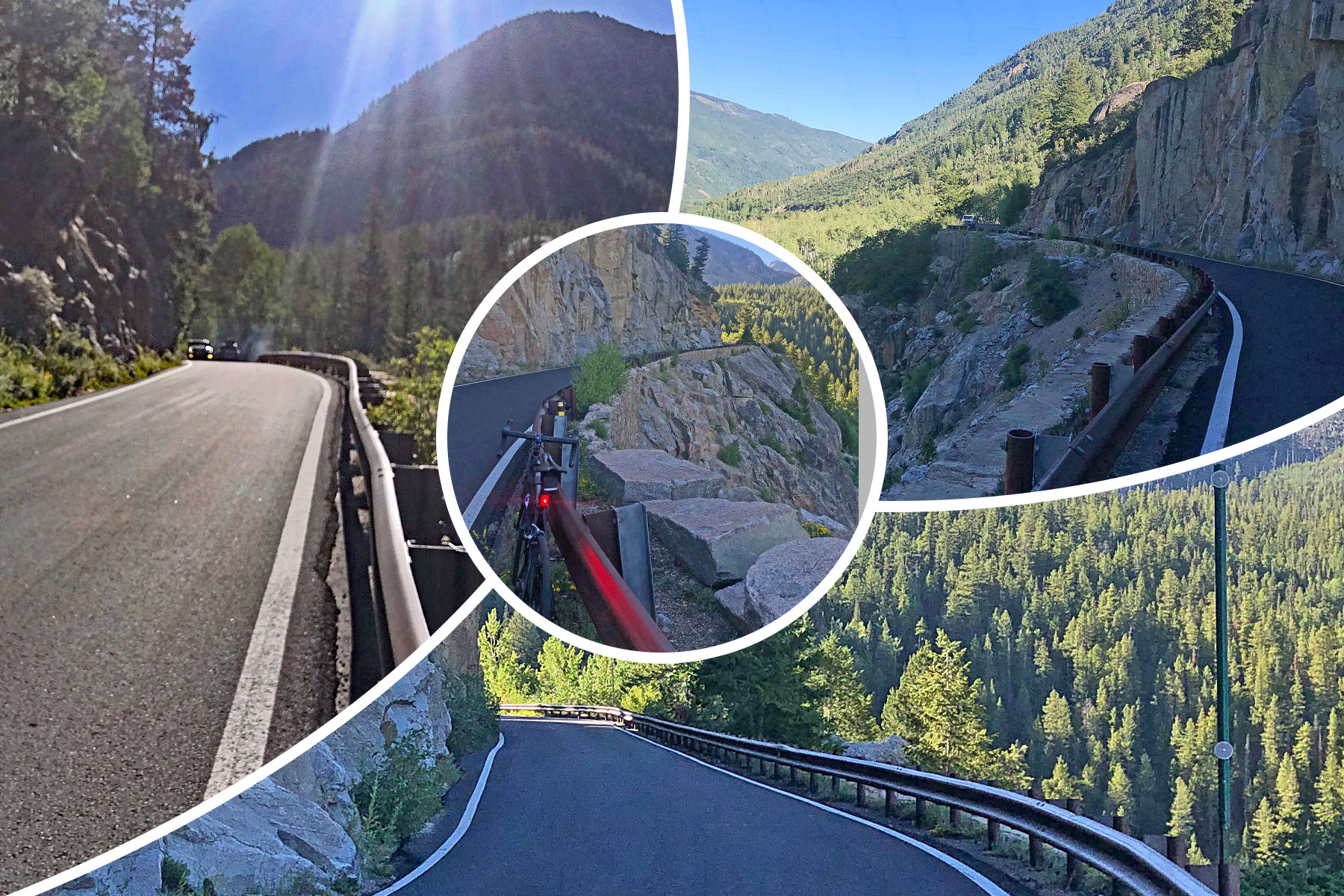 Cycling Independence Pass from Aspen, Colorado - photo collage, views of wide single lane roadways with guardrails along mountainsides covered in dense forestation, bike parked along low rock retaining wall