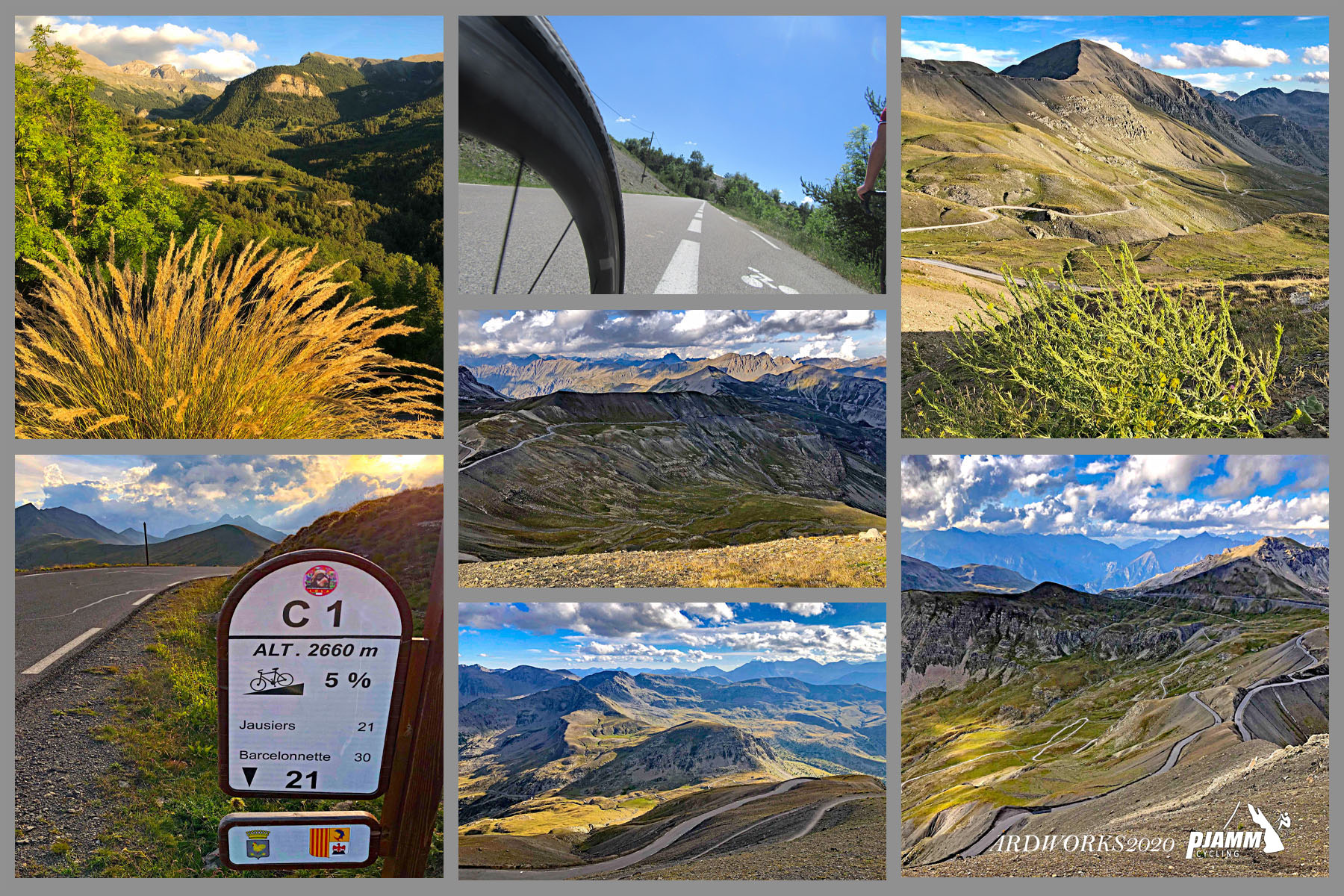 Cycling Cime Bonette from Jausiers, France - views along the climb, including altitude signs, French alps, roadways snaking through hillsides, PJAMM Cycling logo in corner