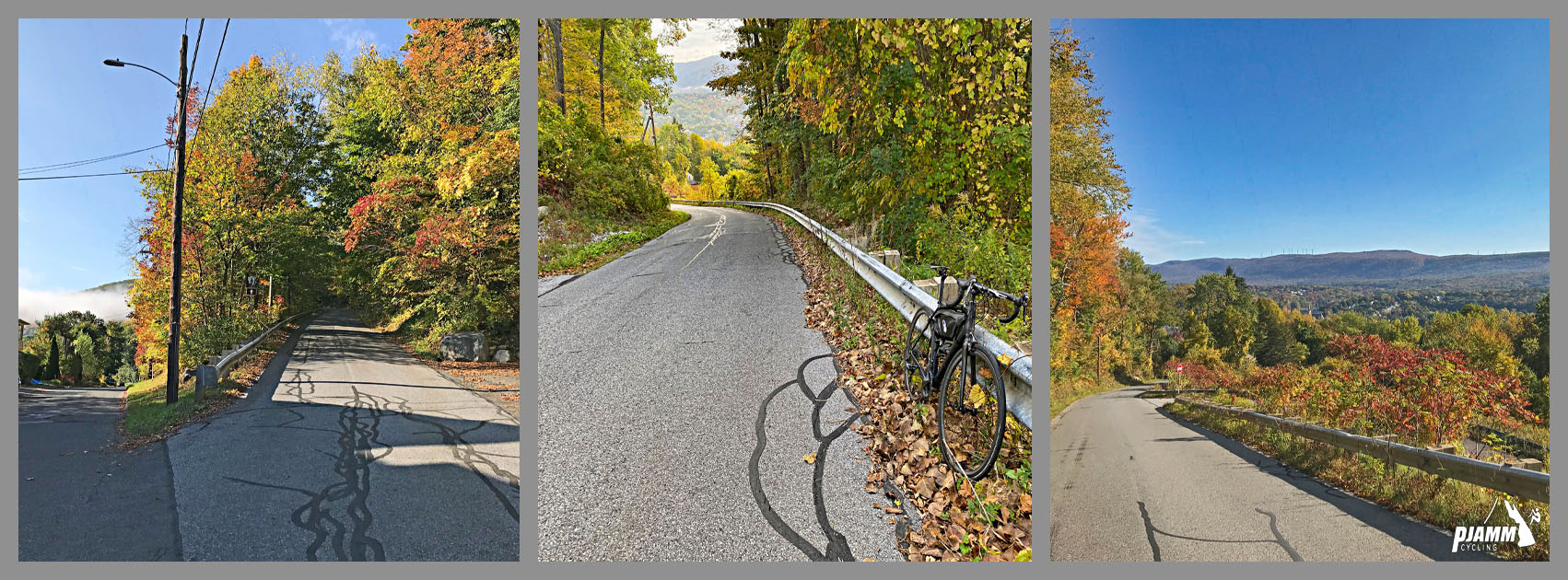 Cycling Mt. Greylock, Massachusetts - views of steep, one-lane roadway, shrouded in brightly colored New England Fall Foliage; PJAMM Cycling logo in corner