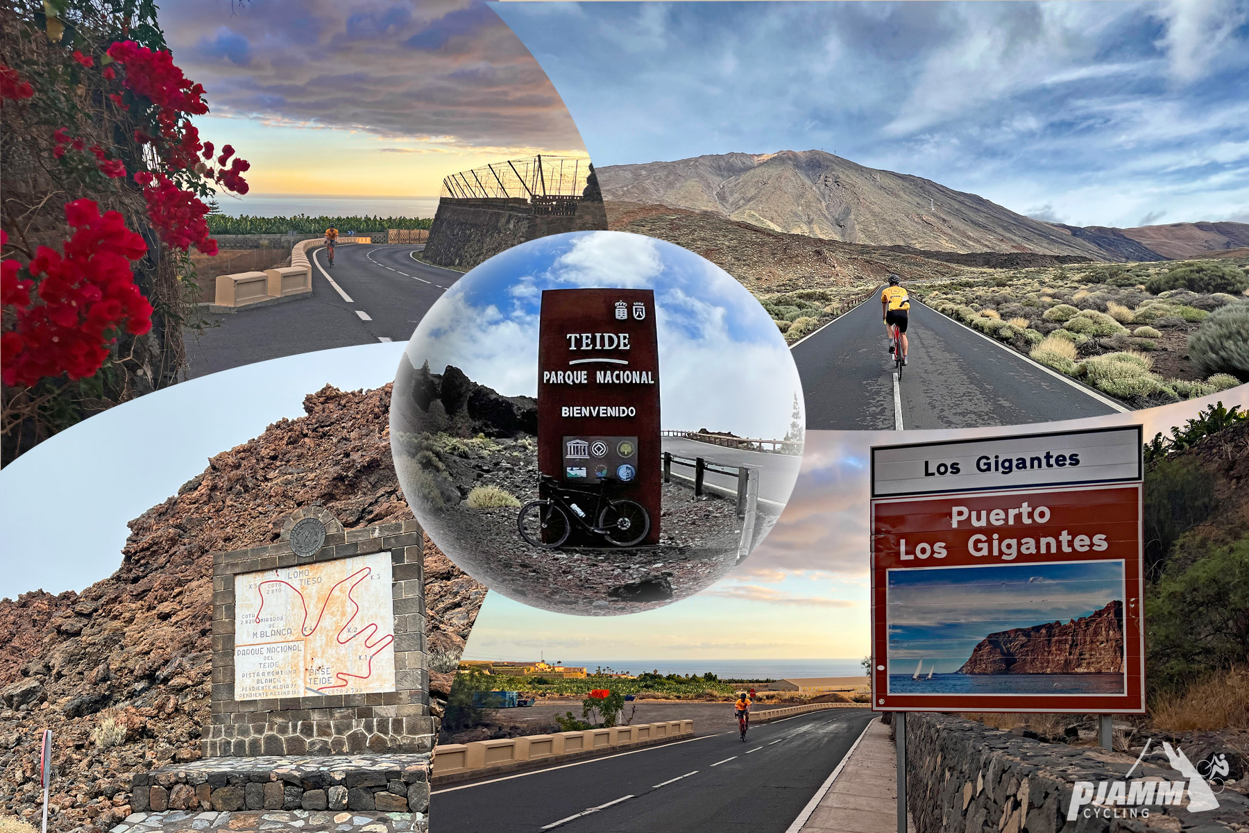 photo collage shows signs for Teide Parque Nacional, Puerto Los Gigantes, pink flowers growing on fence near two-lane highway roadway