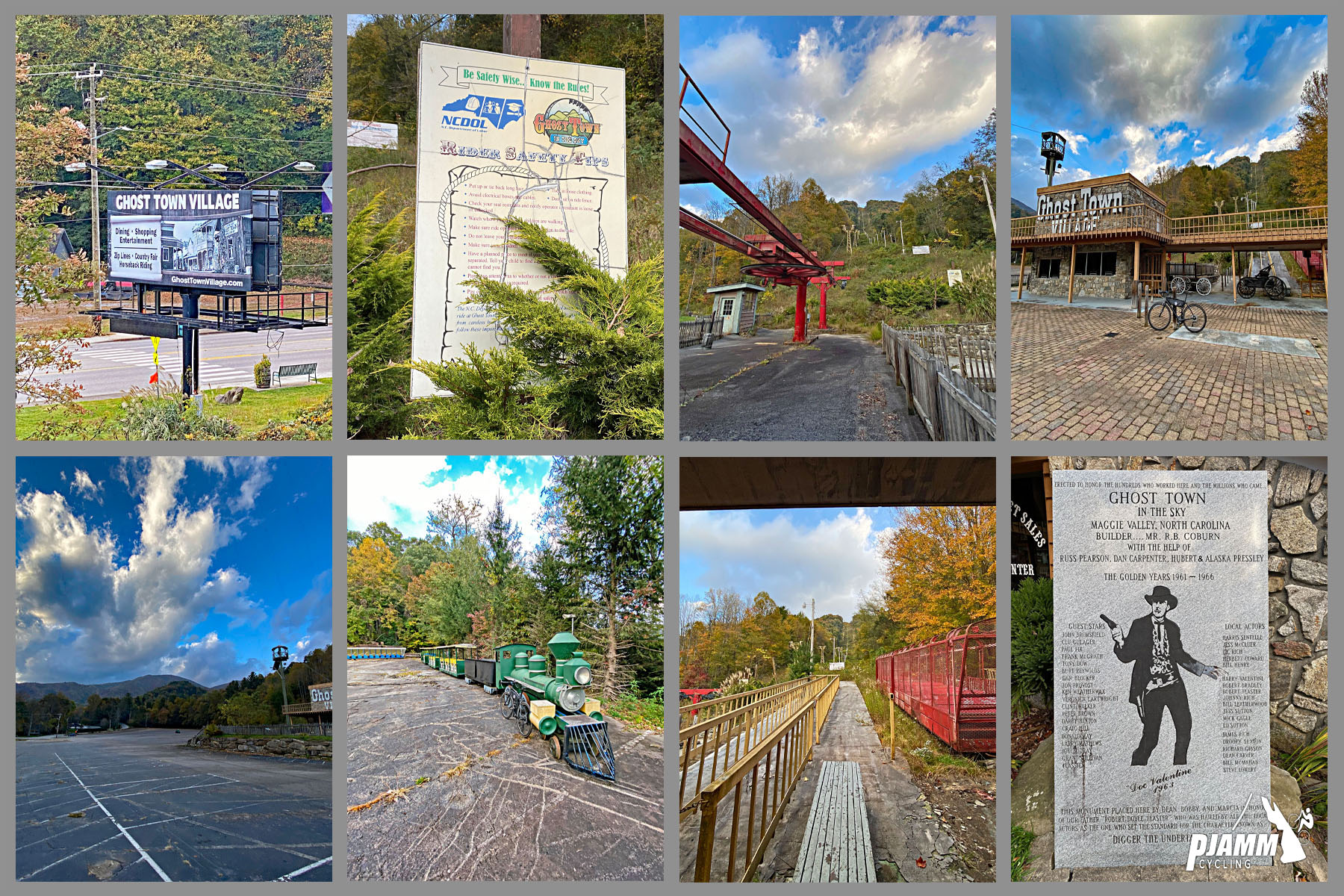 Cycling Fie Top Road, North Carolina - signs for Ghost Town Village, large parking lot, train in parking lot