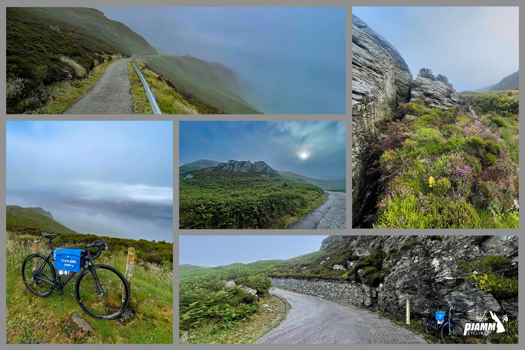 photo collage shows views along first part of climb: green grass, rocky pastureland, foggy coastline
