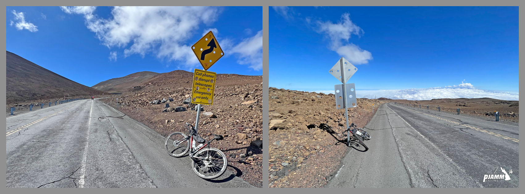 bike parked next to road sign approaching hairpin turns