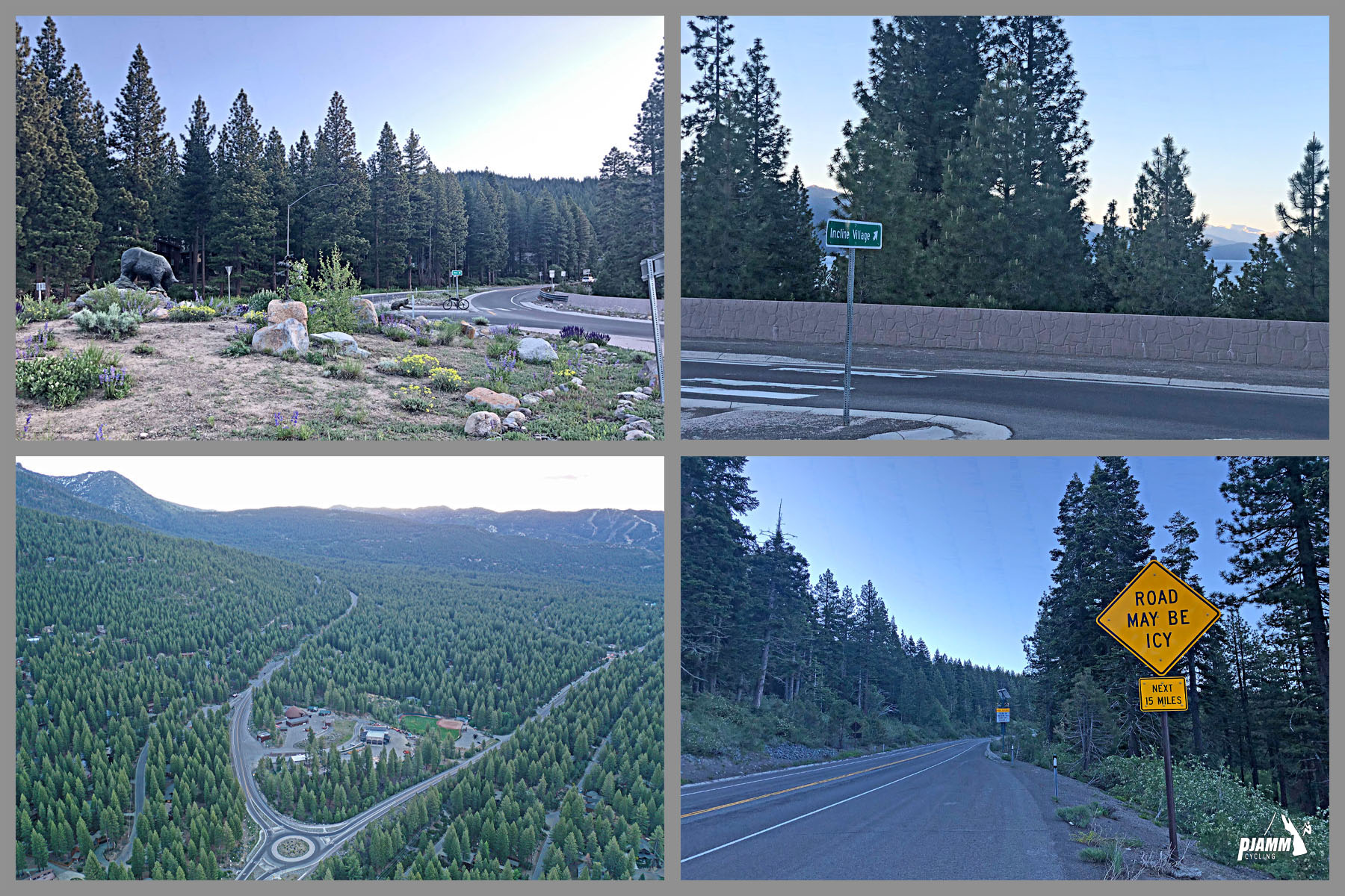 Cycling Mt. Rose from Incline Village (west; Lake Tahoe) - photo collage, climb start, aerial view of Roundabout at Highway 431, sign reads Road May be Icy, pine trees, alpine setting