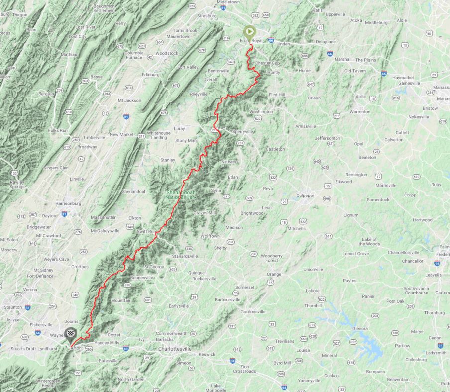 Cycling Skyline Drive, Virginia Cycling Skyline Drive, Virginia - map showing Skyline Drive, through Shenandoah National Park