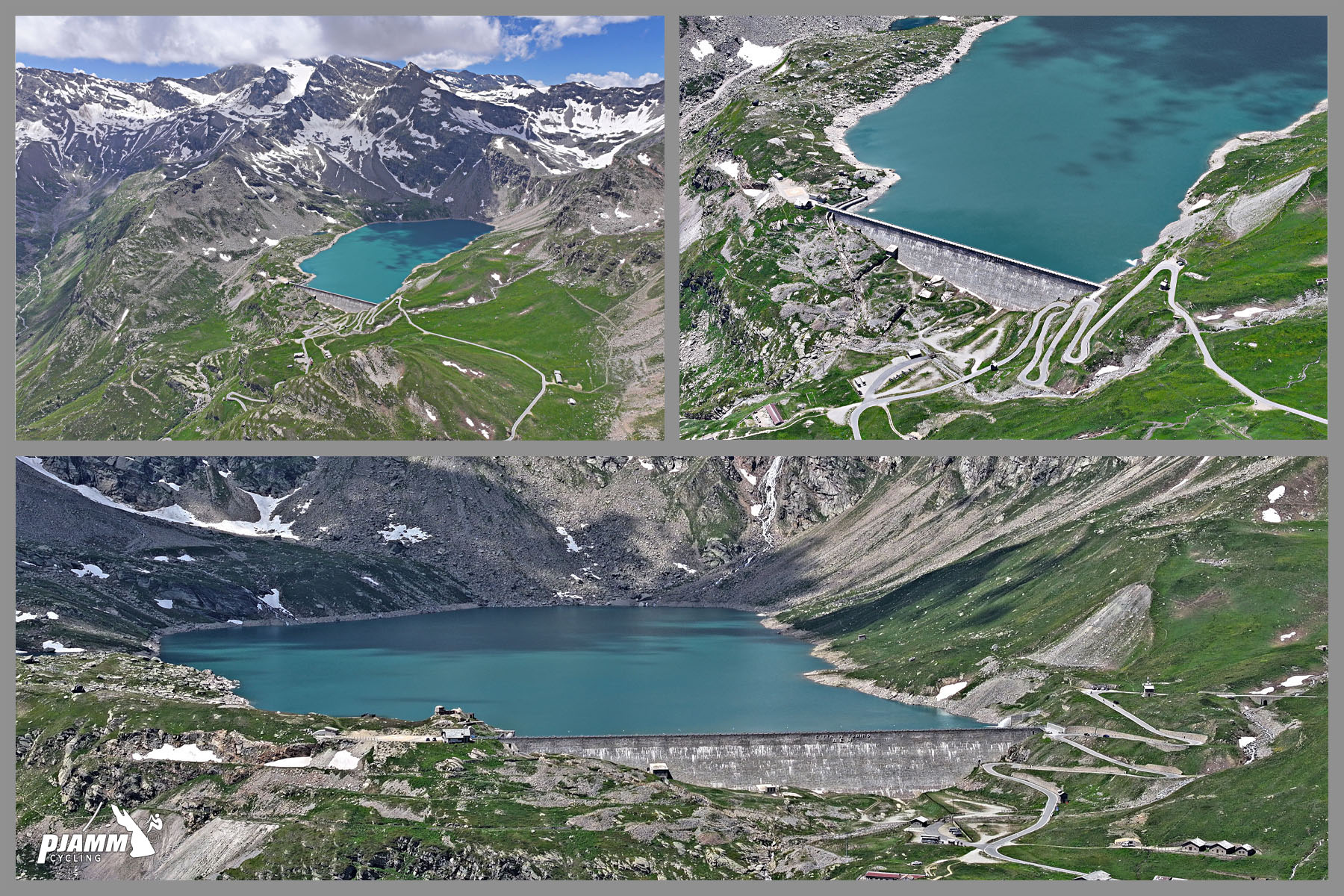 Cycling Colle de Nivolet, Italy - photo collage shows aerial drone views and panoramic views of Lago Serru and Torino Dam