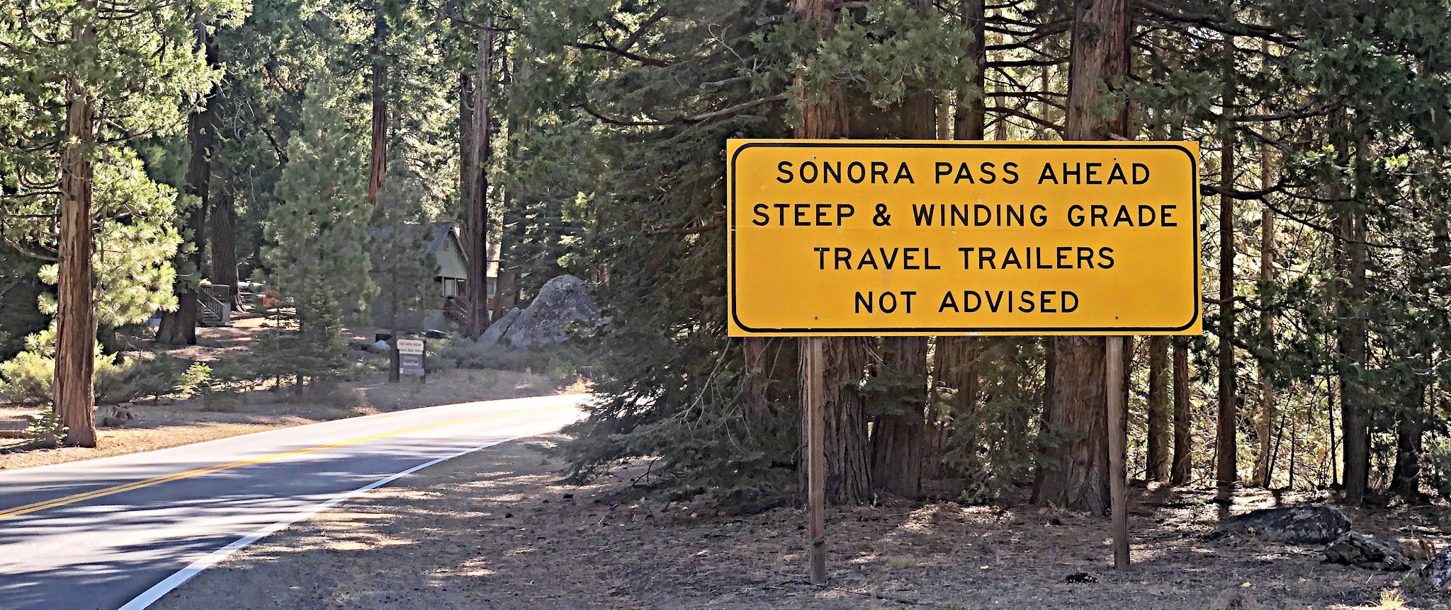 Cycling Sonora Pass West - steep grade sign and roadway surrounded by forest