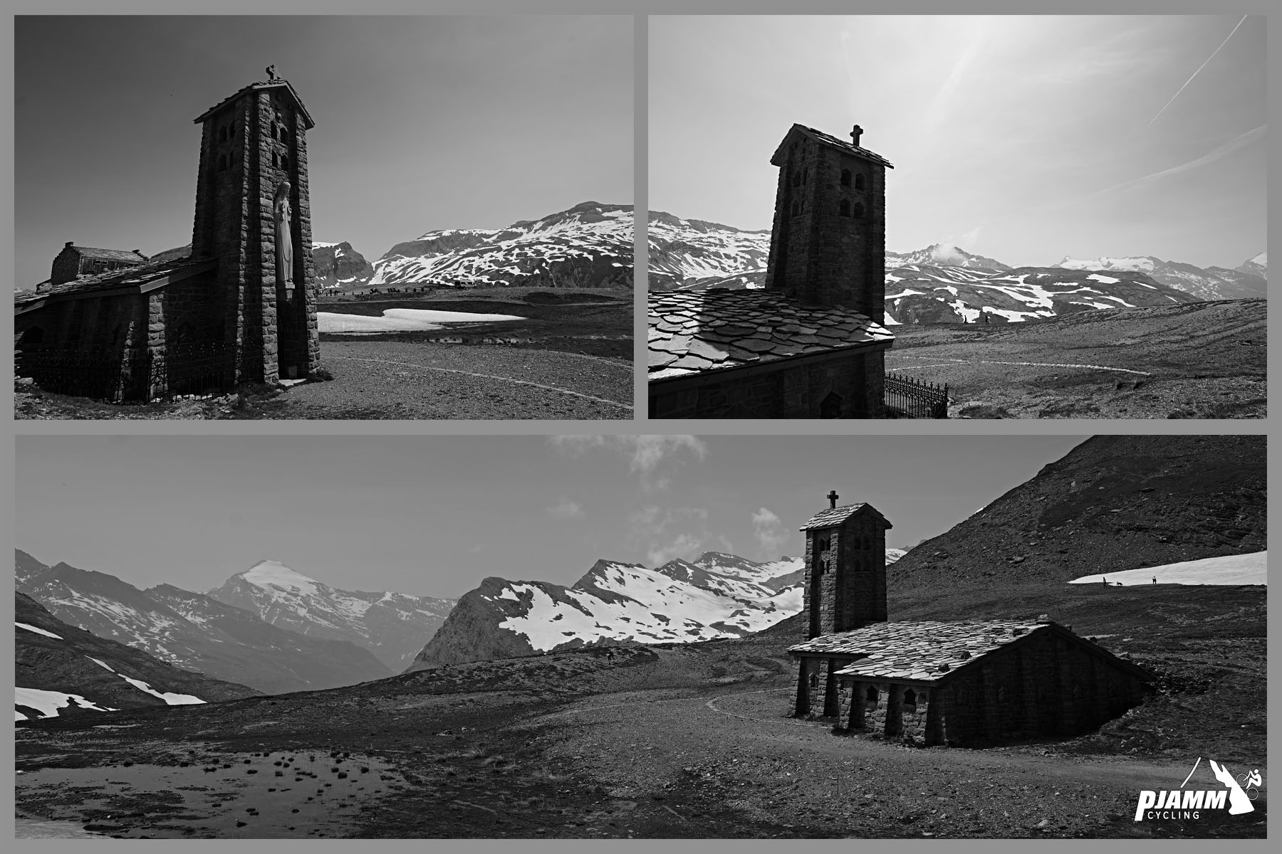 Cycling Col de L'Iseran: black and white views of Chapel Notre-Dame de Toute Prudence