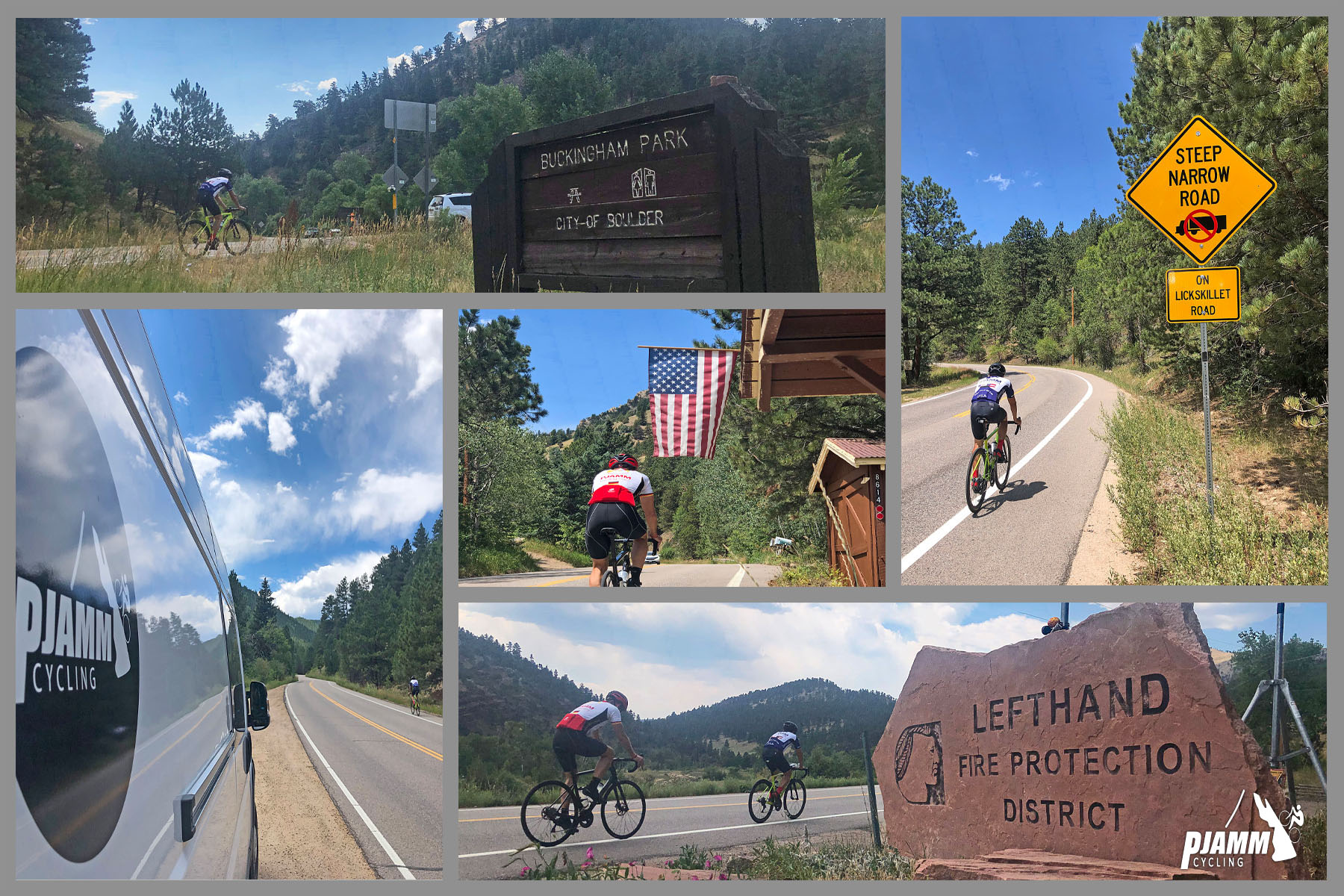 Cycling Left Hand Canyon, Boulder, Colorado - photo collage, PJAMM Cycling logo in corner, PJAMM Cycling white SAG van, cyclist on road next to wooden sign for Buckingham Park, City of Boulder, cyclist on road riding bike under American flag, two cyclists riding next to large rock sign for Lefthand Fire Protection District, cyclist riding on shoulder next to road sign for Steep and Narrow Road, no large trucks allowed