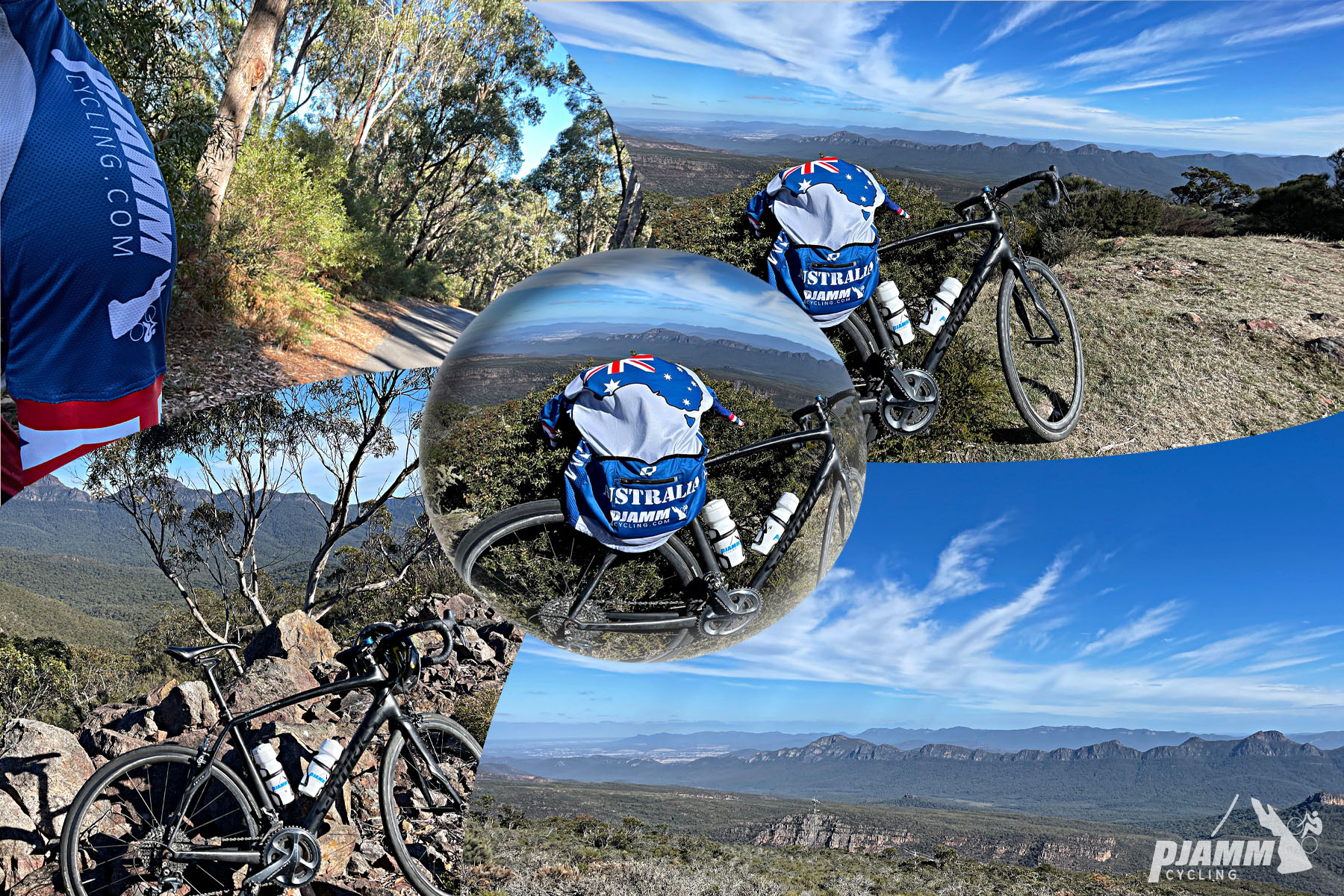 photo collage shows panoramic views of Grampians Mountain Range, PJAMM Australia Cycling jersey 