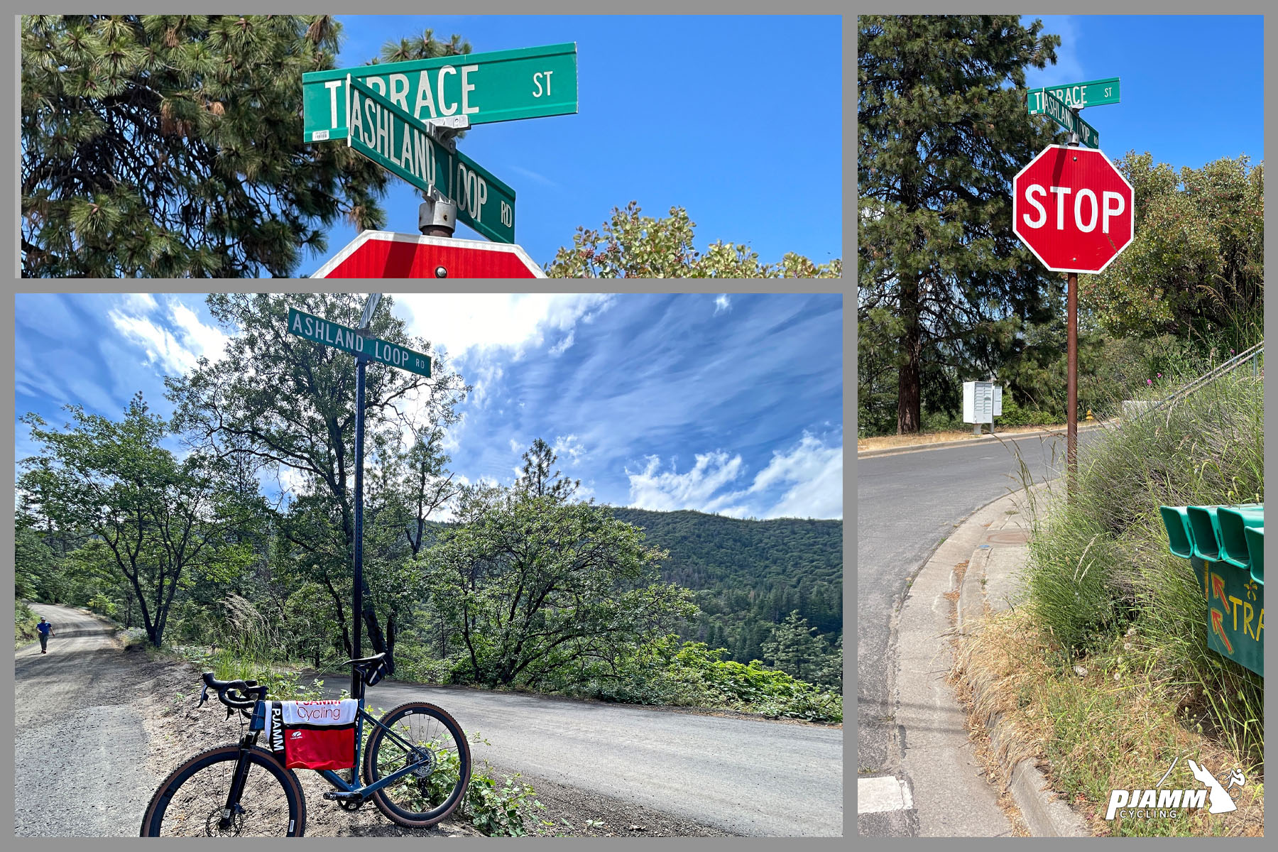 Cycling Mt. Ashland, Oregon via Loop Road: photo collagre shows intersection of Terrace Street and Ashland Loop Trail, where road changes from paved to gravel