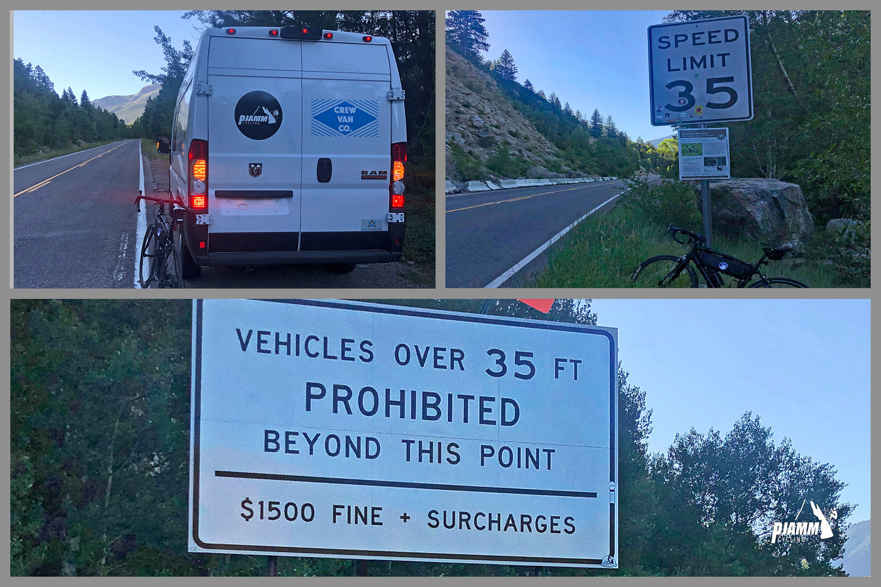 Cycling Independence Pass from Aspen, Colorado - photo collage, PJAMM Cycling logo in corner, bike leaning against SAG vehicle on roadside, road sign for 35 MPH speed limit, road sign noting that vehicles over 35 feet are prohibited