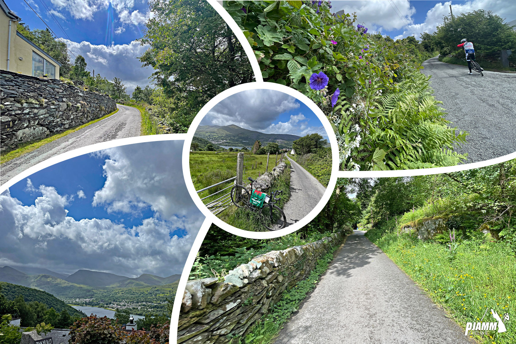 photo collage shows Welsh countryside views along the climb, including stone walls, greenery, purple wildflowers
