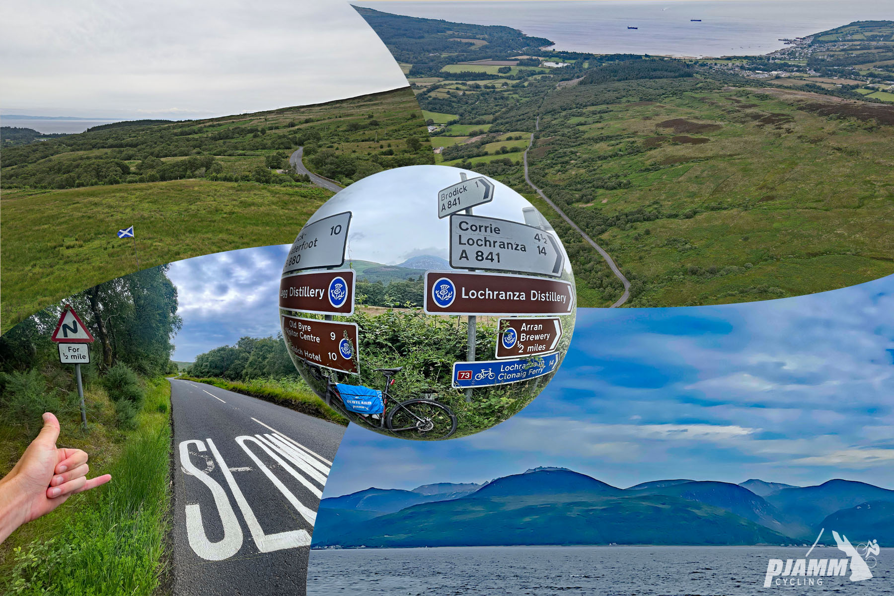Cycling the String, Scotland photo collage shows mountains across water, aerial drone view of roadway cutting through green pastureland, lots of street signs