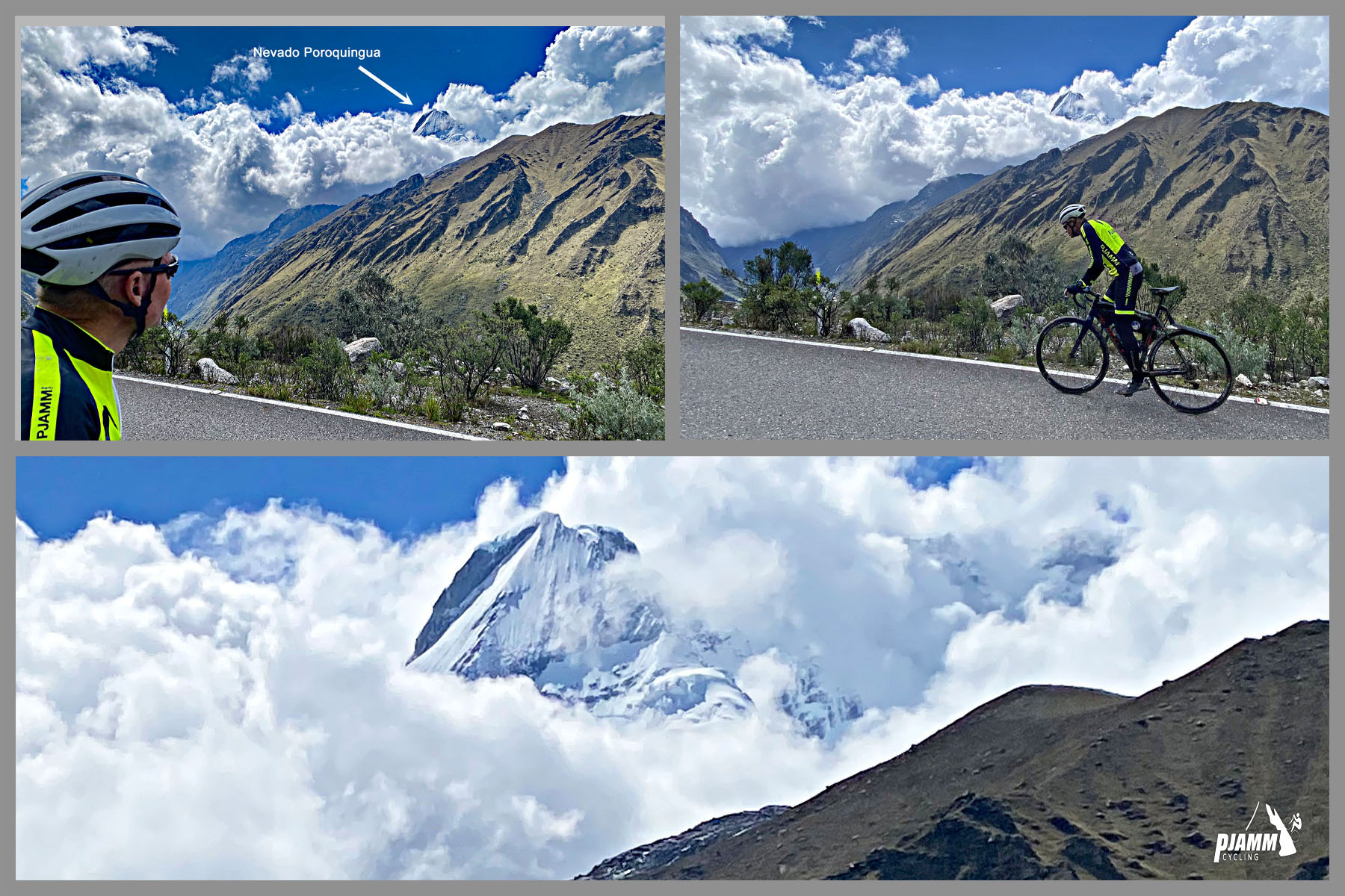 Photo collage, PJAMM Cyclist John Johnson rides on mountain roadway looking out over Nevado Poroguingua mountain, views of the snow covered mountain face, PJAMM Cycling logo in corner