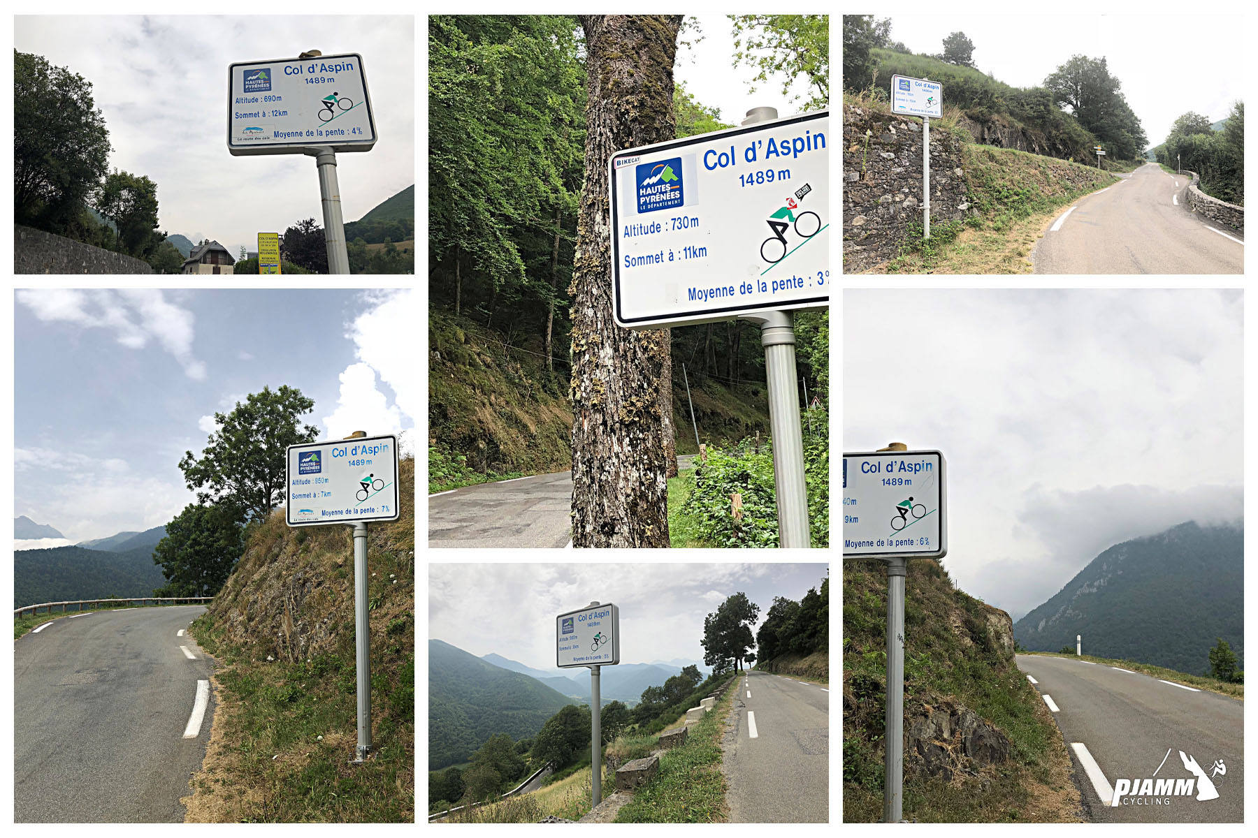 photo collage of kilometer markers on first 6 km of climb