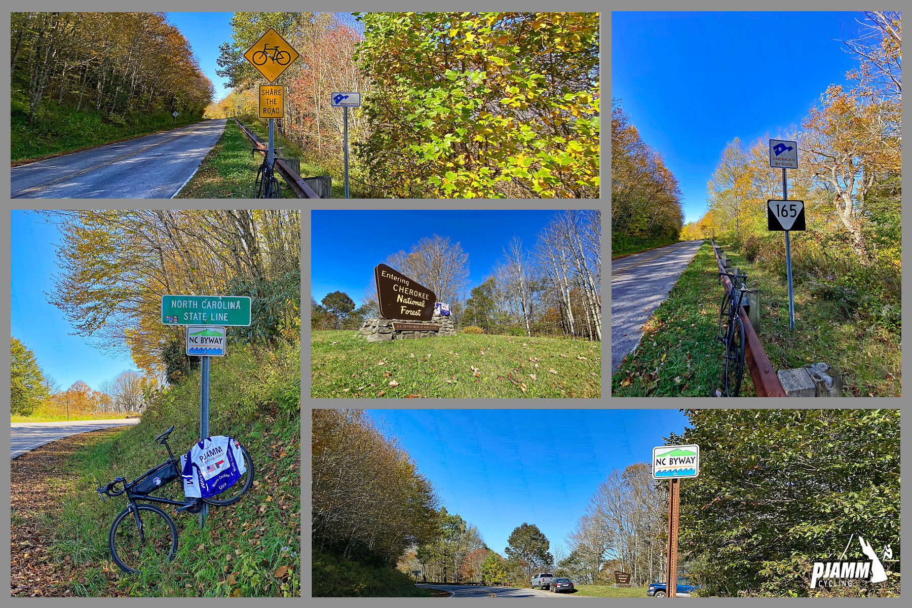 Cycling Cherohala Skyway, North Carolina - Climb's Finish at Beech Gap and the border of Tennessee and North Carolina, bike parked along roadway next to sign for North Carolina state line, PJAMM Cycling logo in corner