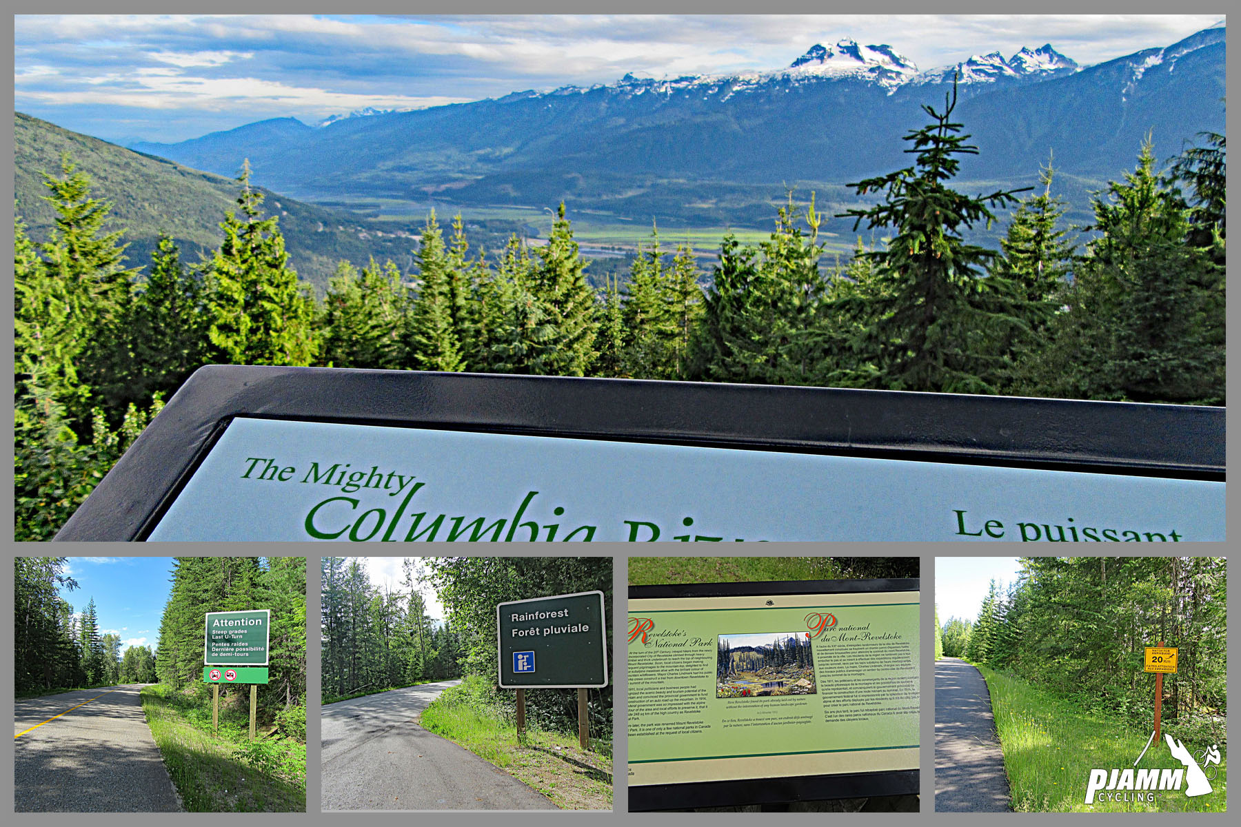 Cycling Mt. Revelstoke, BC, Canada - photo collage, PJAMM Cycling logo in corner, views from mountainside overlooking mountain ranges, forested land, Columbia River, roadsigns along the climb 